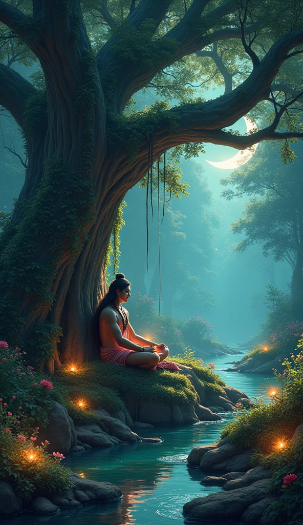 Picture a serene landscape with a large banyan tree at its center, its roots spreading wide and deep, offering shade and shelter. Underneath the tree, Krishna is seated in deep meditation, his eyes closed, and a gentle smile on his lips. The Yamuna River flows quietly nearby, with lotus flowers blooming along its banks. The entire scene is bathed in a soft, golden light of the setting sun, creating an atmosphere of tranquility and divine peace. This image represents the ultimate state of acceptance in relationships, free from expectations, where peace and happiness naturally follow.