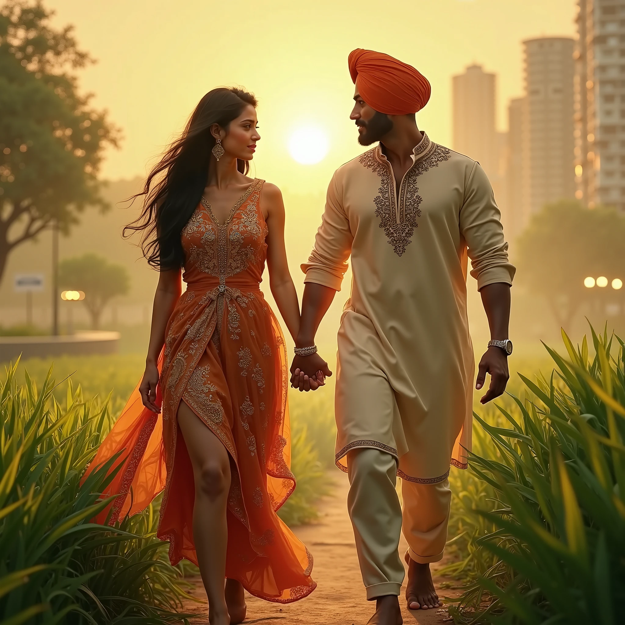 Sikh Punjabi couple sitting on the park and watching on sky 4k
