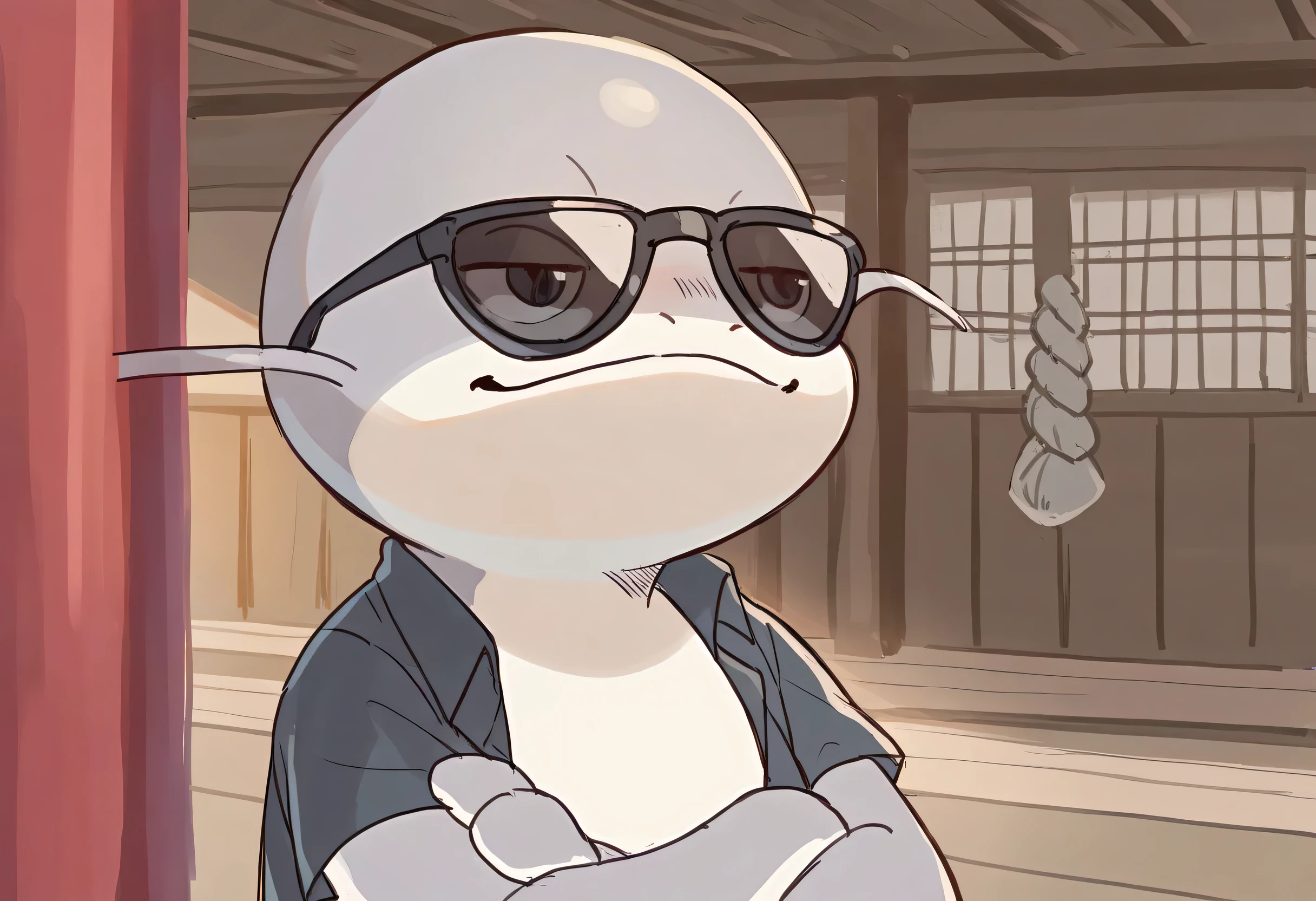 1other, namazu, dynamic pose, masterpiece, good quality, newest, very awa, absurdres, best quality, highres, enjoy, masterpiece, (16K), HD, Various facial details, detailed background, very detailed, dynamic poses, Eyes details, high resolution, high quality, correct anatomy, standing with crossed arms, Smug expression, shirt, Stunned, Flabbergasted, in the shrine, sunglasses, (solo)