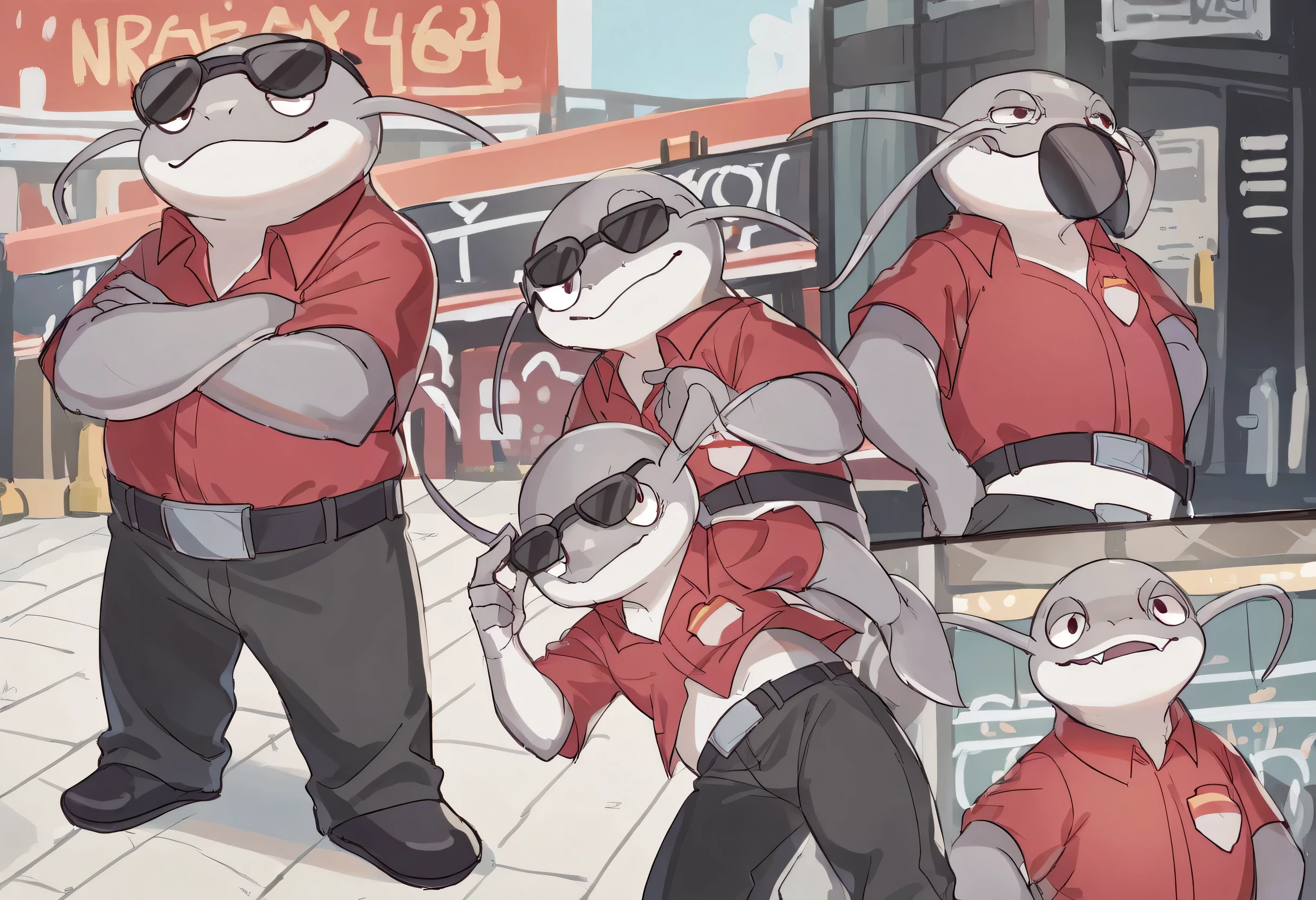 1other, namazu, dynamic pose, masterpiece, good quality, newest, very awa, absurdres, best quality, highres, enjoy, masterpiece, (16K), HD, Various facial details, detailed background, very detailed, dynamic poses, Eyes details, high resolution, high quality, correct anatomy, standing with crossed arms, Smug expression, shirt, Stunned, Flabbergasted, plaza, sunglasses, solo