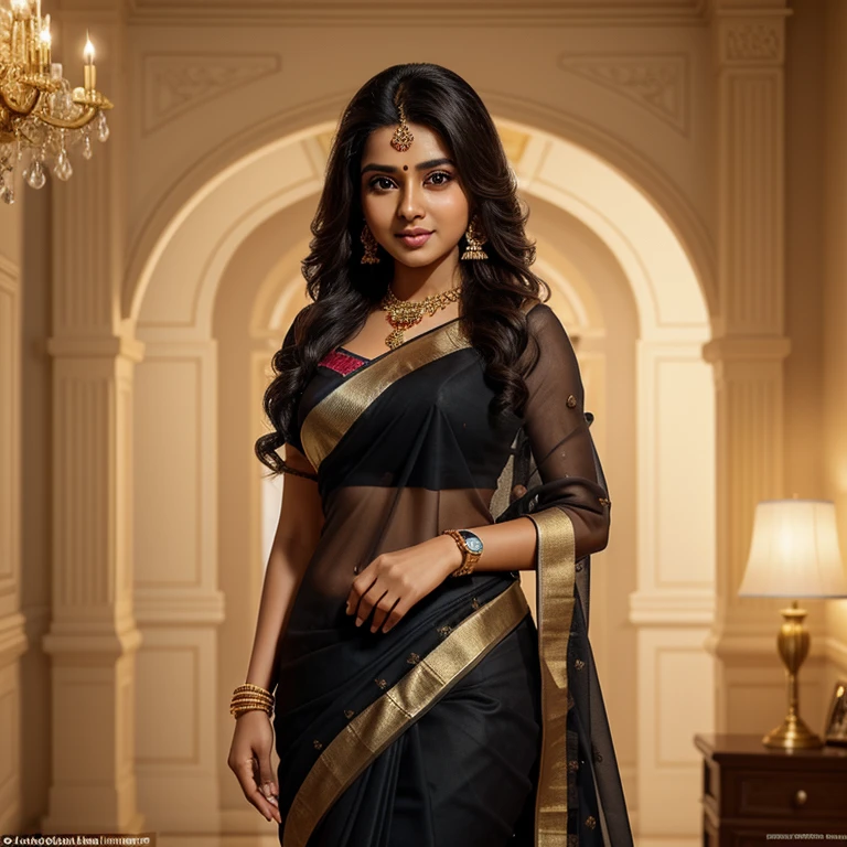 Adorable, beauty at its best, deadly beauty, breath taking beauty, jaw dropping beauty, heavenly beauty, 25 year old Tamil girl, (square face, glowing eyes, glossy lips, straight nose, dimple chin, chubby cheeks), eyes symmetry, face symmetry, (wearing:1.6 satin saree, black blouse, petticoat, high heels, wrist watch, ponytail long hair), (bright smile:1.1), ornaments, standing in a lavishing luxurious hall, vibrant colors, rich colors, intricate detailing of the place, cinematic lighting, digital lighting, meticulous lighting, filmy lighting, full body portrait from bottom, HDR, hyper realistic image