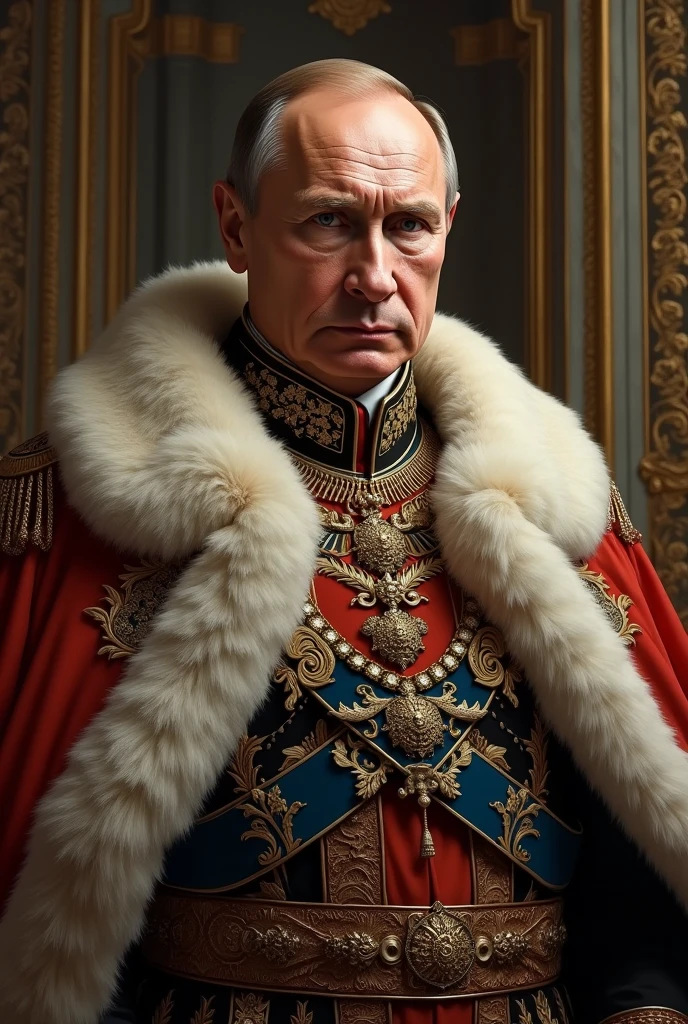 (((president Putin))) a viking holding up a steel glossy sword, Putin wearing pattered winter coat with golden stitching, golden two headed eagle necklace, HDR, super realistic, hyper realistic, hyper detailed, highly detailed, 4k, 8k, DSLR, photo, photo realistic, full body, centered