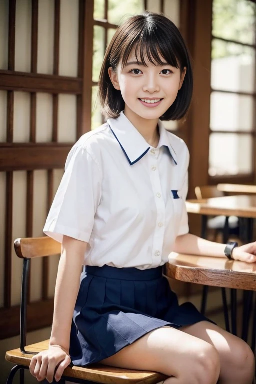 1Girl,((School uniform slush,light grin smile, Sitting,exteriors,Short hair