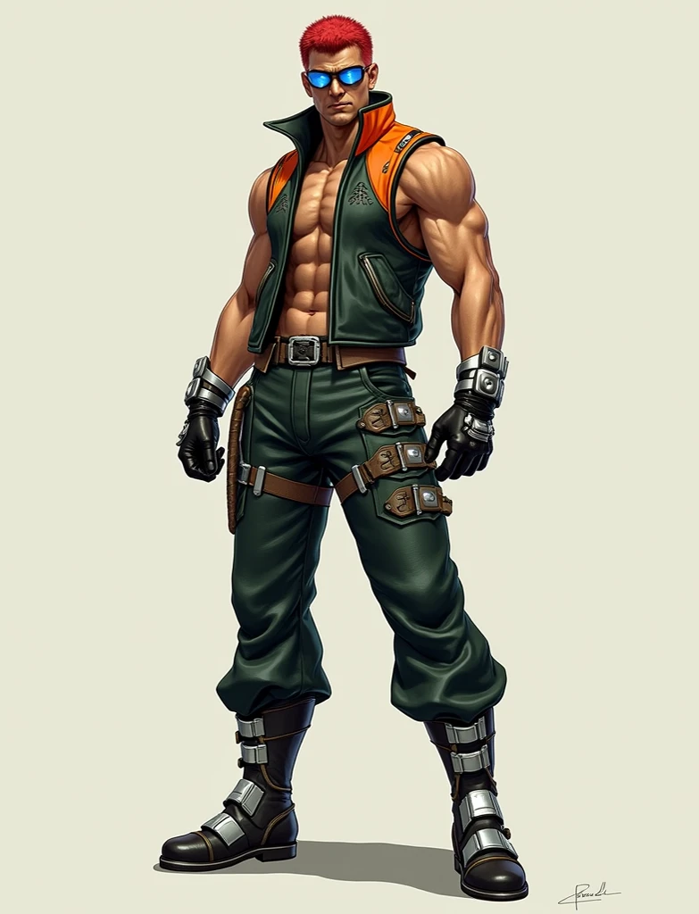 furry bara, a tiger man, orange in color, he is handsome, with medium sized hair tied up, he is a military man and he has a scar on his left eye, the scar is red, he has black eyes with a white pupil, He wears a military beret with black and gold details, he has a pink snout, he wears a black scarf that covers his throat and a little of his shoulders, he wears a katana on his back, he is shirtless and he has a white belly that the white goes up to his neck, he is shirtless and he has stripes across his body, he is very muscular, with a tattoo on his left shoulder, he wears faxes which are black bandages from the elbow to the wrists, he wears black cargo pants with ribbons and rings, and wears a black suspender, and he wears a black military boot.