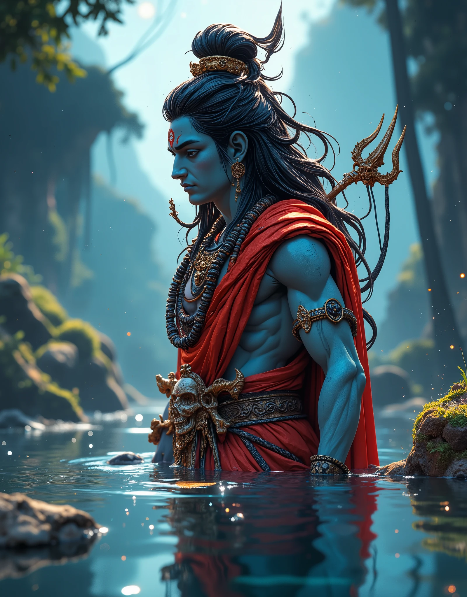 ((Close up))) ((Very Tall and big)), hyper detailed and perfect Portrait of Lord Shiva ,very handsome, cute face, young, ((long black floating hair, wearing skulls in neck, skull garland, skull mala, wearing red robes)))(( perfect skull garland)), holding his trishul((trident)) submerged in the water, (((water to waist level))), (in pond)) , clear background, dreamy environment,dreamy atmosphere, light particles, shining points in the foreground, shot taken by Sony 55 mm lens, with f -1. 2, sharpness -1. 2, 32k resolution, 8k quality, ultra high definition, uhd, niji express, niji mixed realism, side view, side profile, side way photo shoot