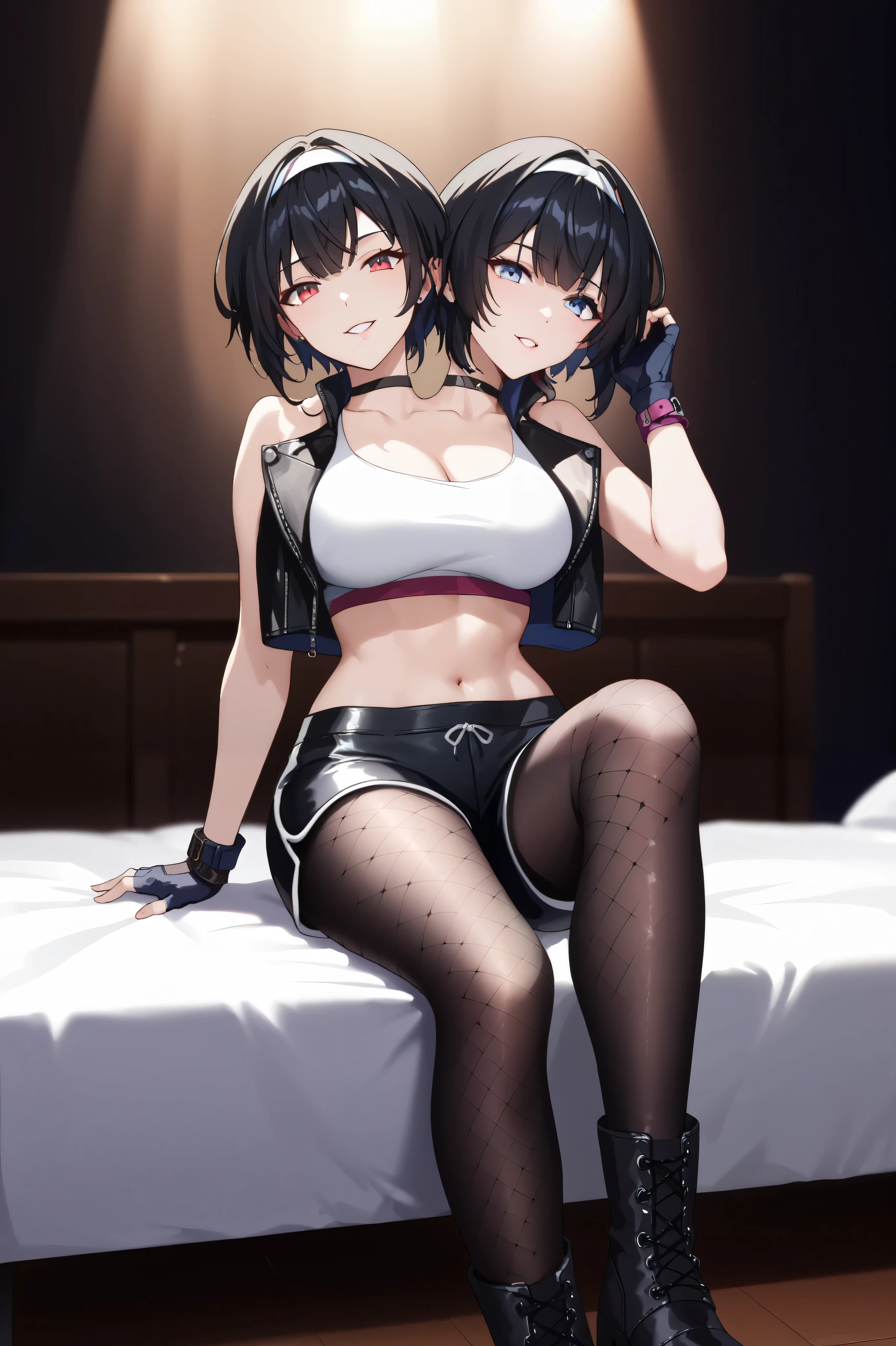 2heads, a tall thin woman with 2 heads, black hair, red eyes, blue eyes, black footwear, black gloves, black hair, leather jacket, black jacket, crop top, black fingerless gloves, black dolphin shorts, black fishnet pantyhose, knee boots, She is inside a bedroom. sitting on bed, large breasts