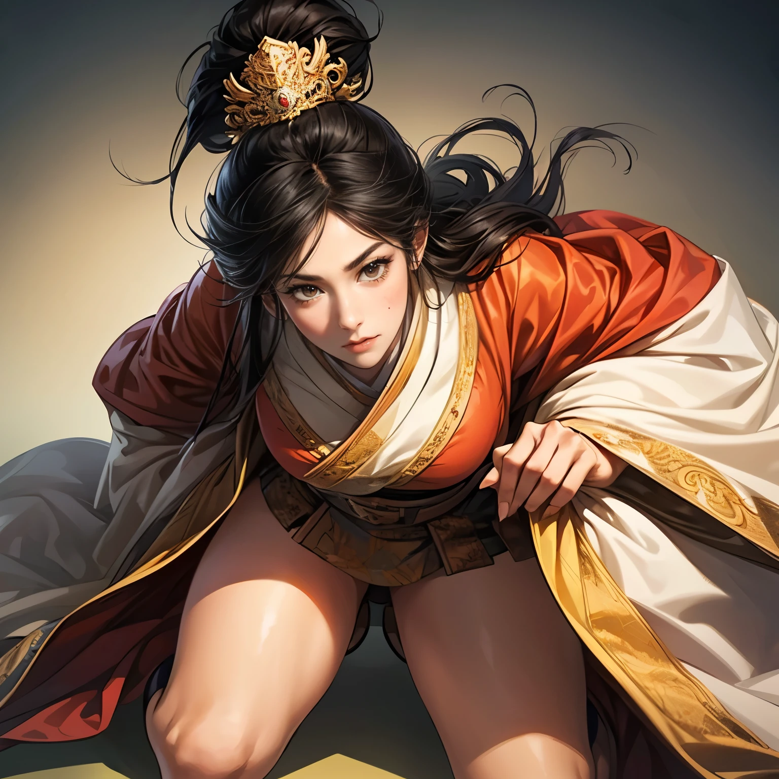 (( from the top of her head to her thighs)), Three Kingdoms illustration , Female solo, Beautiful Woman, beautiful face, (naturally bhands:1.5), (black hair), Brilliant background , blurry background