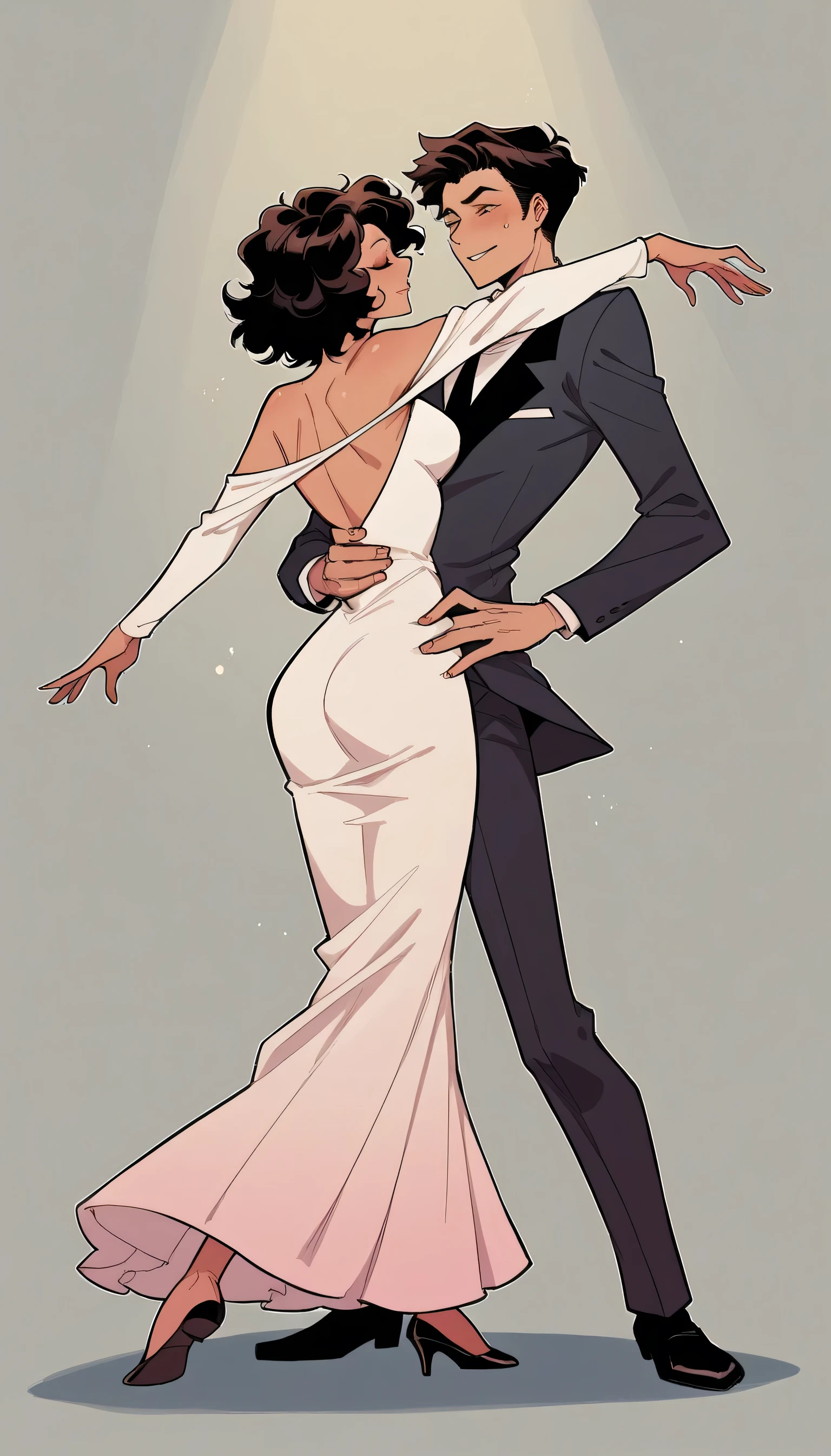 better quality, very detailed illustration ,two people, boy and girl, couple, long ruffled voluminous bouncy hair , playful look, delgado, ideal body, thin waist , wide hips, simple drawing, Artifyber style , pastel flat colors , sideless floor length white dress, short off the shoulder sleeves, suit and tie, fancy, tall thin human man, boy fluffy hair, dancing, full body