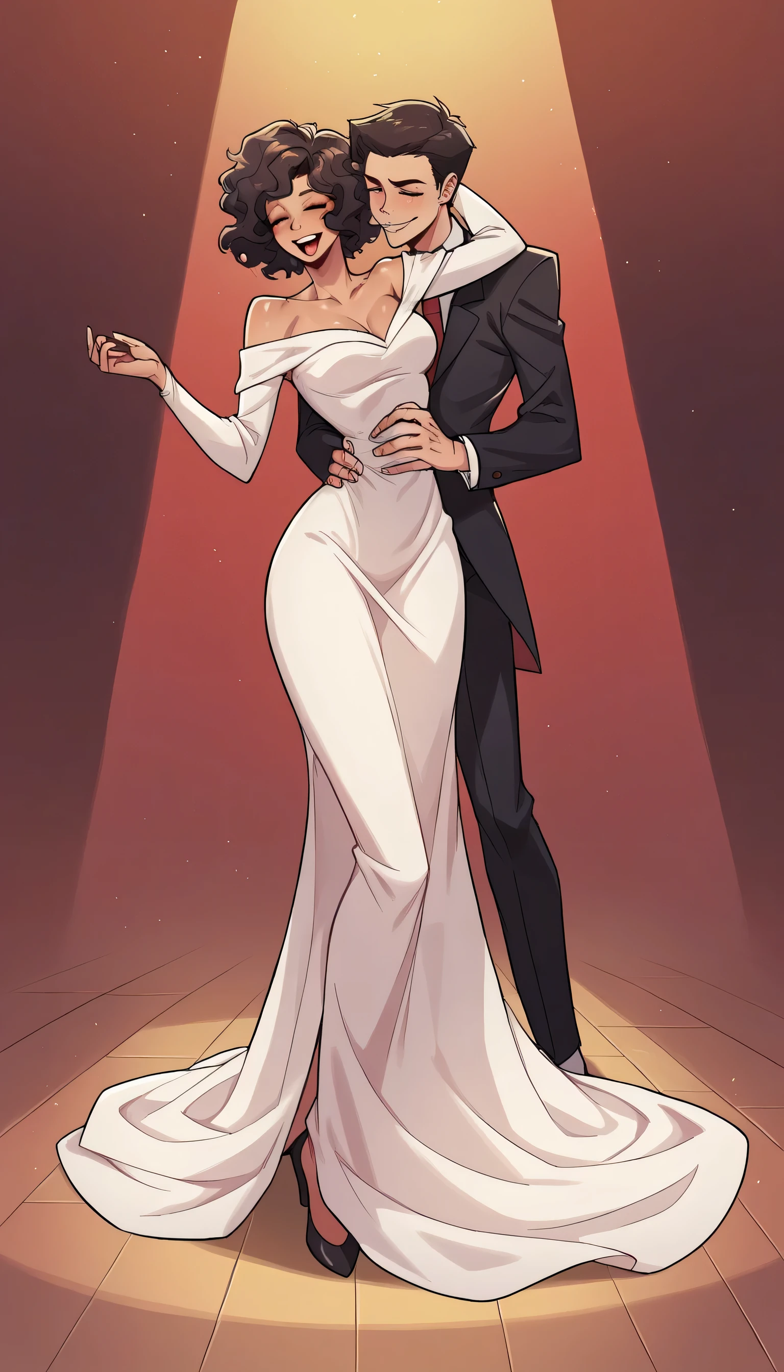 better quality, very detailed illustration ,two people, boy and girl, couple, long ruffled voluminous bouncy hair , playful look, delgado, ideal body, thin waist , wide hips, simple drawing, Artifyber style , pastel flat colors , sideless floor length white dress,  short off the shoulder sleeves, suit and tie, fancy, tall thin human man, boy fluffy hair, dancing, full body 