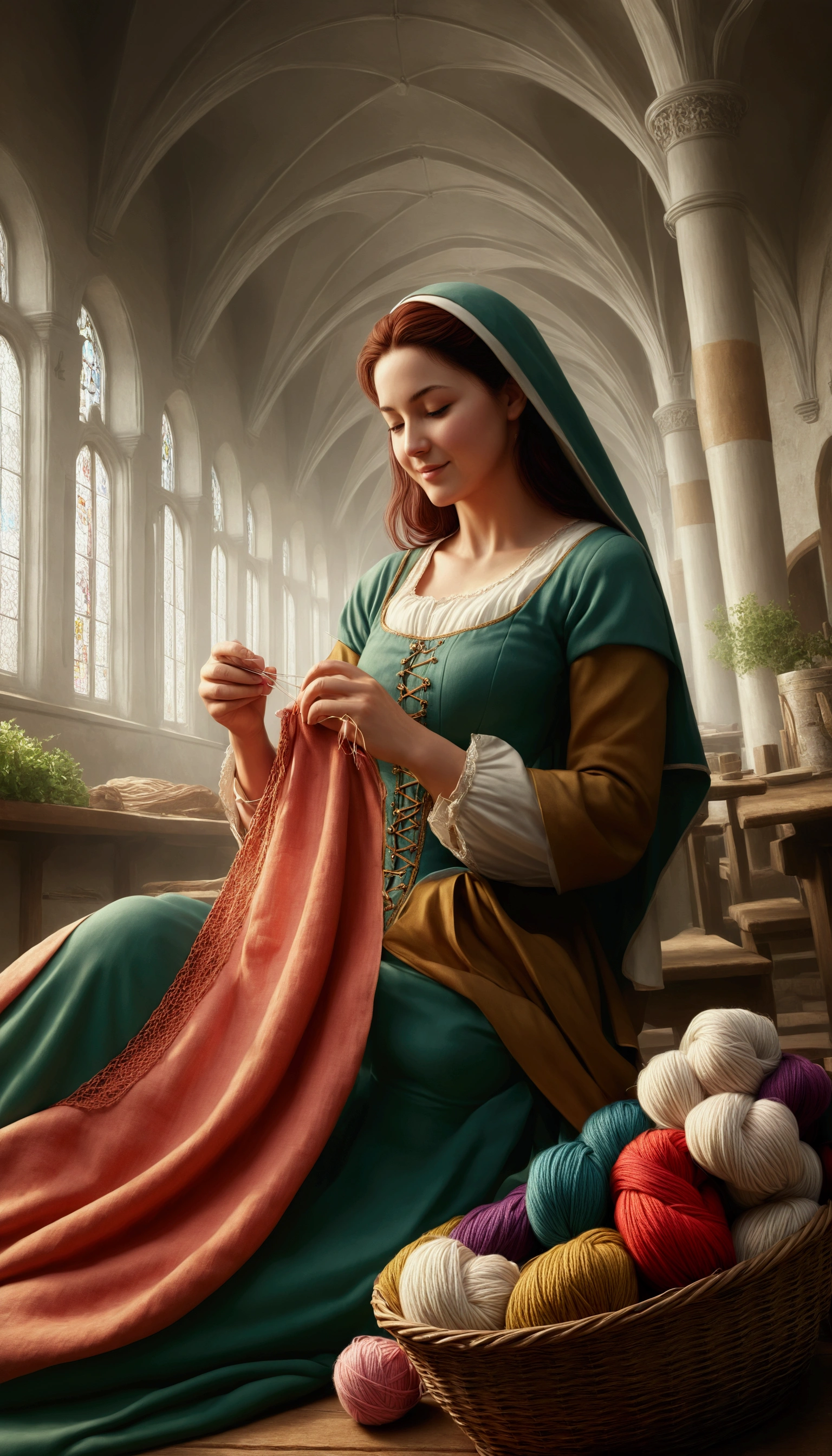 a painting of a woman knitting a piece of cloth in a church, renaissance digital painting, graphic artist magali villeneuve, medieval fantasy art, beautiful digital artwork, magali villeneuve', medieval art style, mary jane ansell, one of the weavers of destiny, medieval princess, medieval fantasy illustration, detailed painting 4 k, 4k highly detailed digital art. arafed woman in a white dress sitting on a field with a basket of yarn, medieval fantasy art, beautiful maiden, one of the weavers of destiny, high medieval fantasy, inspired by Ruth Sanderson, high quality fantasy art, celtic fantasy art, hd fantasy art, michael cheval (unreal engine, vintage fantasy art, beautiful fantasy art, fantasy art, (Medieval era),(far distance angle), A hyper-realistic scenery image shot of a medieval beautifully female tailor knitting cloth while holding on knitting kit, a tailor. The beautifully tailor is depicted in a full body angle view, showcasing her lively, lusciously vivacious, and shapely body. She is wearing a realistic medieval long dress, working while using intricately primitive traditionally knitting kit, knitting a cloth. The scene includes a well-rounded female tailor, using realistic intricately intricately knitting kit on the big table in the front of her, and smiling. The background features medieval textile factory with central leading lines, creating a sense of depth on ultra-wide angle scenery. The image has UHD ambience, with a zoomed-out perspective, realistic textures, soft lighting, and an ultra wide wide-angle. The female's hands are accurately detailed with full human finger anatomy, and her hair is shiny and lifelike. The overall style is reminiscent of Far Cry 5 game artwork, with additional details and body fixes applied. The combination of influenced of bronzePunkAi Artwork.