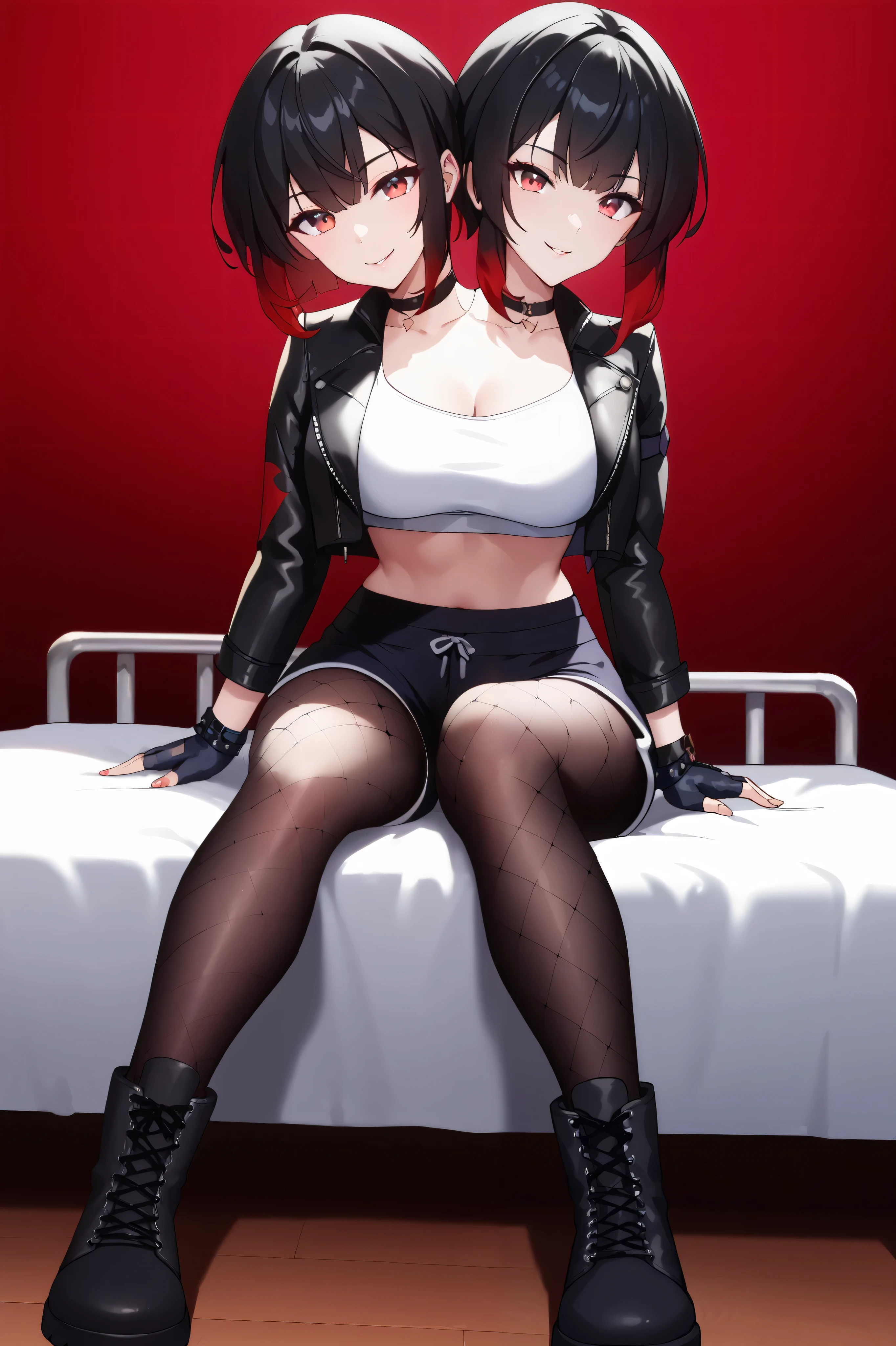 2heads, a tall thin woman with 2 heads, black and red gradient hair, red eyes, black footwear, black gloves, black hair, leather jacket, black jacket, crop top, black fingerless gloves, black dolphin shorts, black fishnet pantyhose, knee boots, She is inside a bedroom. sitting on bed, large breasts