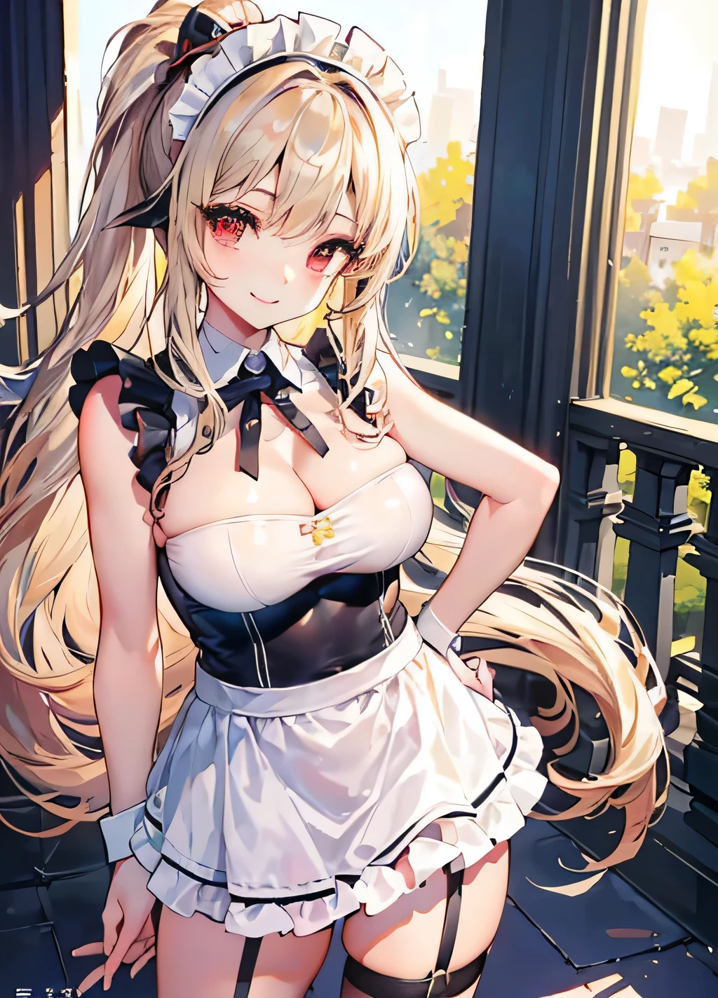 masterpiece, highly detailed, highest quality, high resolution, super precise, (1 girl), simple black French maid dress, white apron, semi-opaque stockings, flawless skin, silky golden blonde hair tied up into a messy bun, soft and cute facial features, plump pink lips, 18 year old teenager, tall height(190cm), long slender legs and curvy hips that flare out enticingly on a pear shaped body, cowboy shot, olive-brown eyes, cat ears and tail, very small breasts