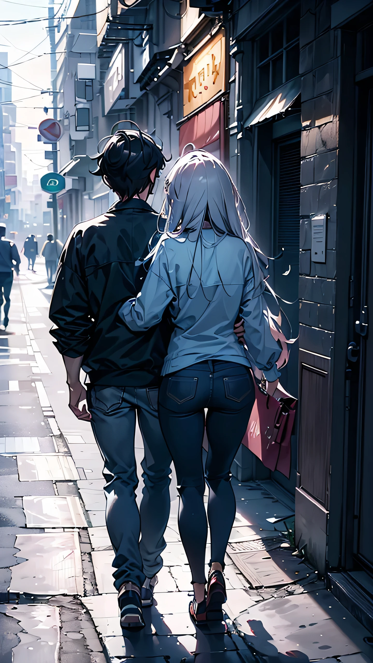 32k,Super fine,masterpiece,best quality,32k,no background,A man and a woman walking with their arms entwined, seen from behind in spring-like casual clothes.