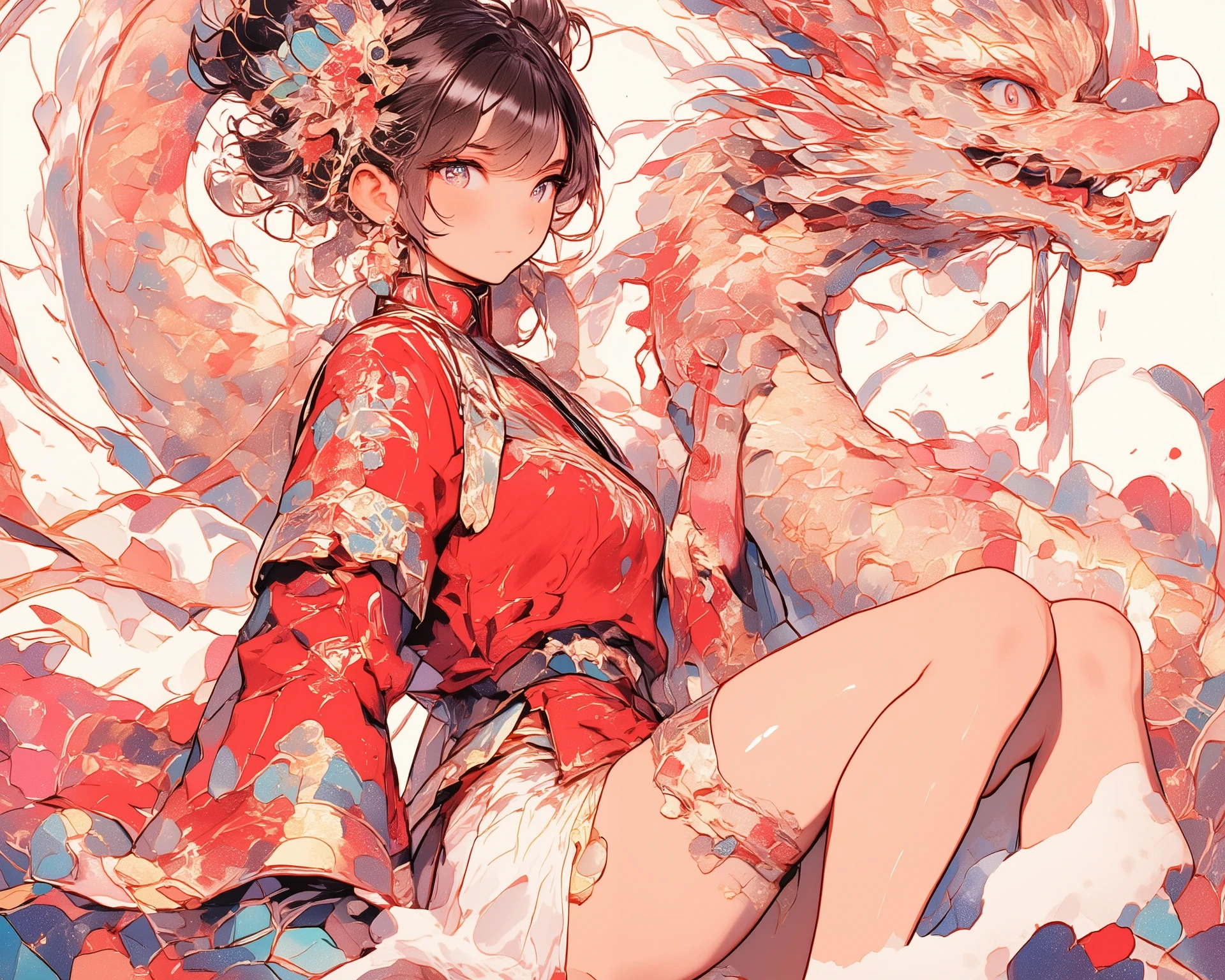Chinese New Yearの祭り、 Happy New Year、 Masterpiece、 best image quality、 top quality、 delicate depiction、 detailed depiction of up to the front door、 beautiful、 watercolor、art、((cute girl in a Chinese red costume ))、Extend your right arm straight、(( A girl in a Chinese red costume rides on the back of a dragon 2.0))、 Above the Clouds、 Fantasy World、 BIG Dragon、Chinese style girl in red dress 、 beautiful costume 、 Chinese、 Fantastic、 Chinese New Year、((One dragon 1.8))、Red bonbori、Qutuan 、 (( Chinese New Yearの背景2.0))、 fun scene、