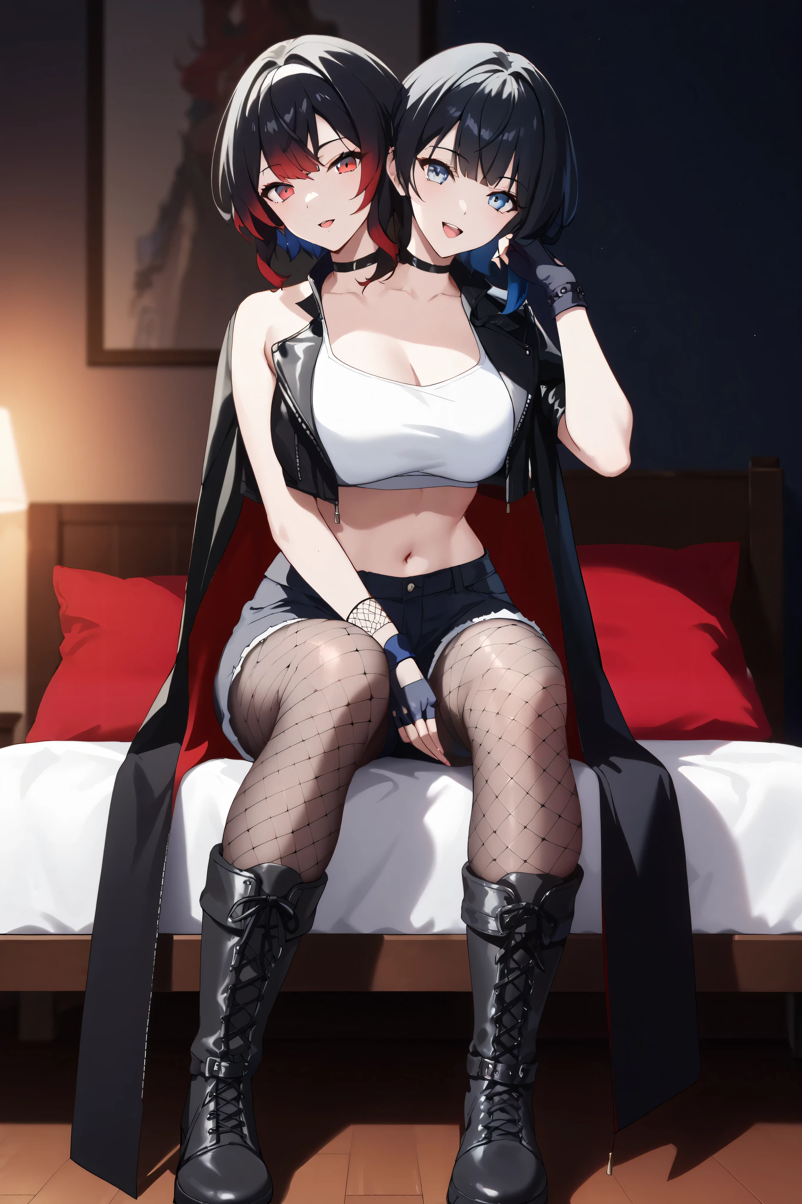 2heads, a tall thin woman with 2 heads, black and red gradient hair, black and blue gradient hair, red eyes, blue eyes, black footwear, black gloves, black hair, leather jacket, black jacket, crop top, black fingerless gloves, black dolphin shorts, black fishnet pantyhose, knee boots, She is inside a bedroom. sitting on bed, large breasts