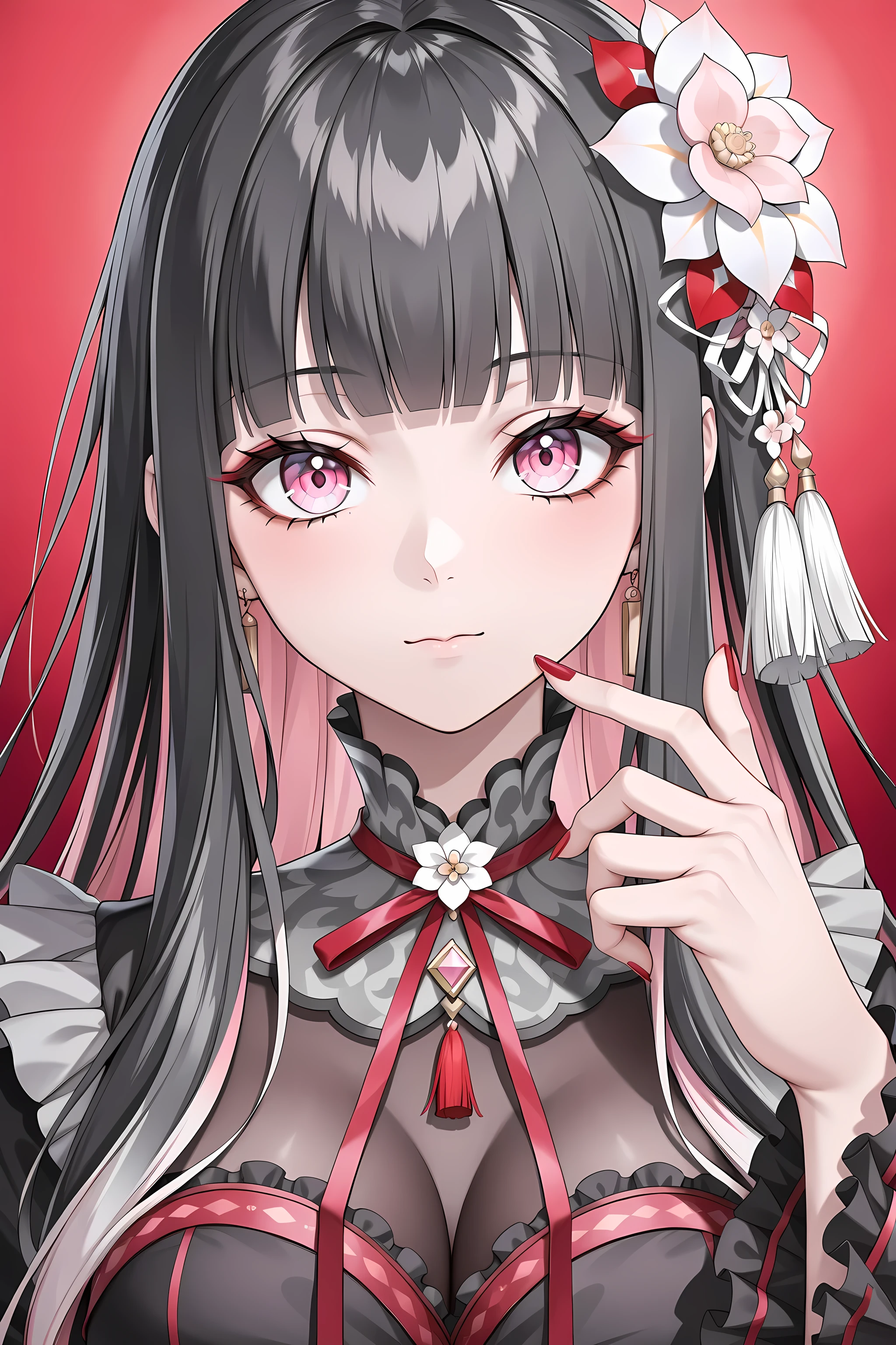 woman, solo, red nails, looking at viewer, bangs, pink eyes, long hair, black hair, hair ornament, hand up, flower, blunt bangs, closed mouth, tassel, ribbon, portrait, colorful, red background, frills, multicolored hair, upper body,