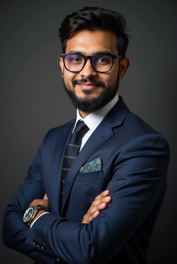 24 years old Bangladeshi boy wearing formal and glasses posing for linkedin profile with a professional background. His body and face shape and texture are slim. Make the picture little darker and professional. He also have long beard like a Muslim person