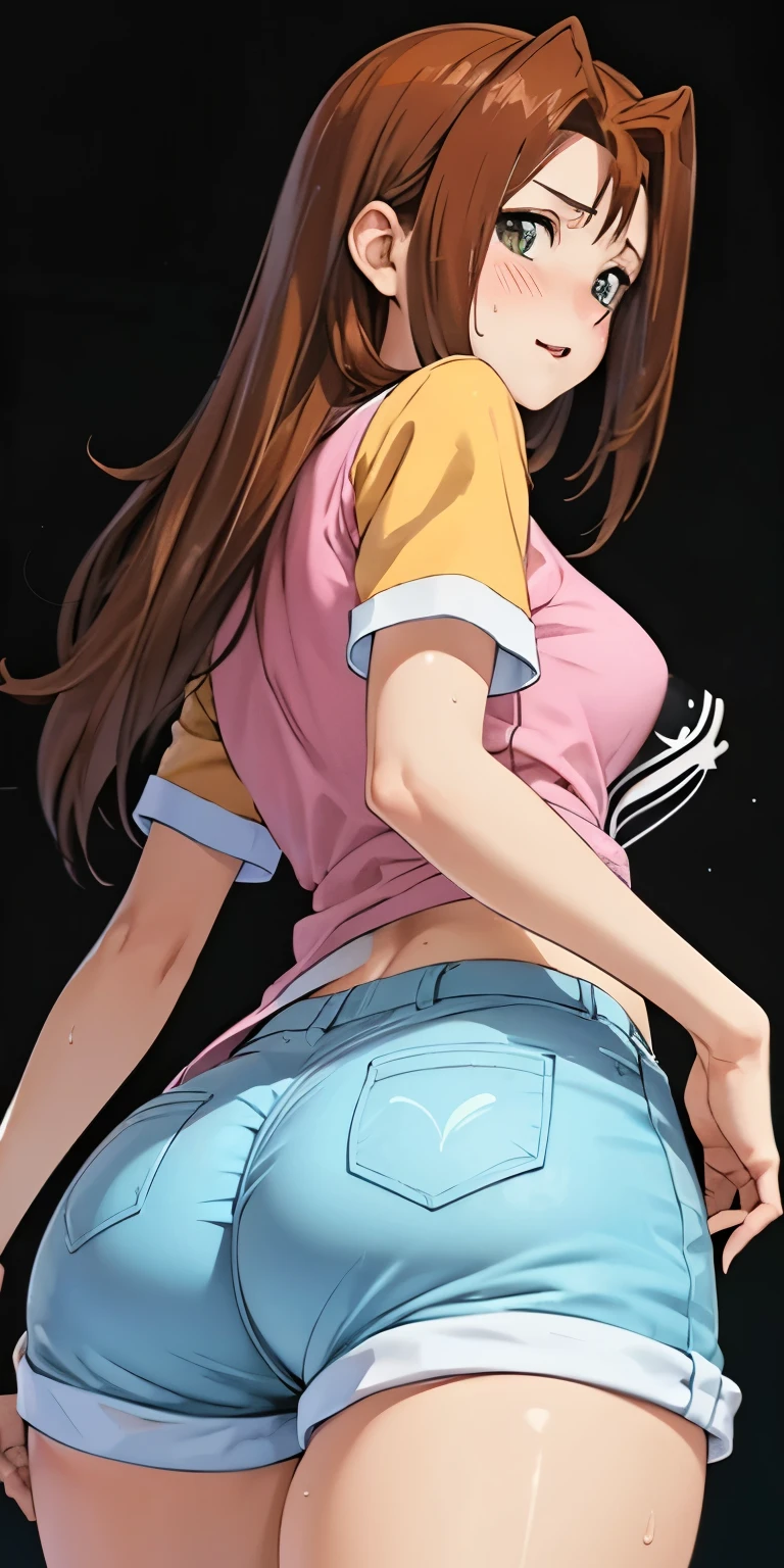 18 year old girl, long hair, brown eyes, small breasts, normal hips, open legs, tight white shirt, blue shorts