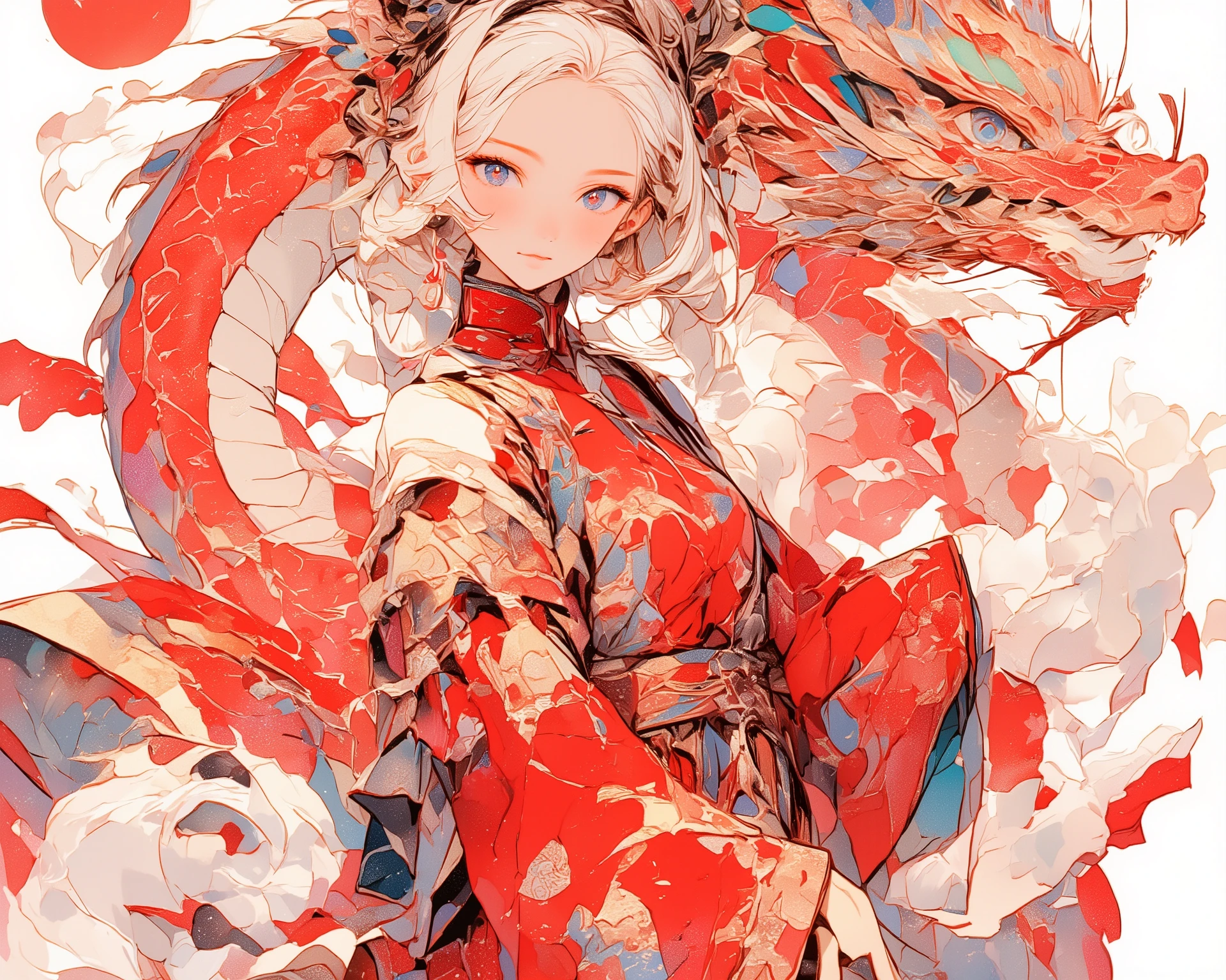 Chinese New Yearの祭り、 Happy New Year、 Masterpiece、 best image quality、 top quality、 delicate depiction、 detailed depiction of up to the front door、 beautiful、 watercolor、art、((cute girl in a Chinese red costume ))、Extend your right arm straight、((A girl in a Chinese red costume rides on the back of a dragon 2.0))、 Above the Clouds、 Fantasy World、 BIG Dragon、Chinese style girl in red dress 、 beautiful costume 、 Chinese、 Fantastic、 Chinese New Year、((One dragon 1.8))、Red bonbori、Qutuan 、 (( Chinese New Yearの背景2.0))、 fun scene、