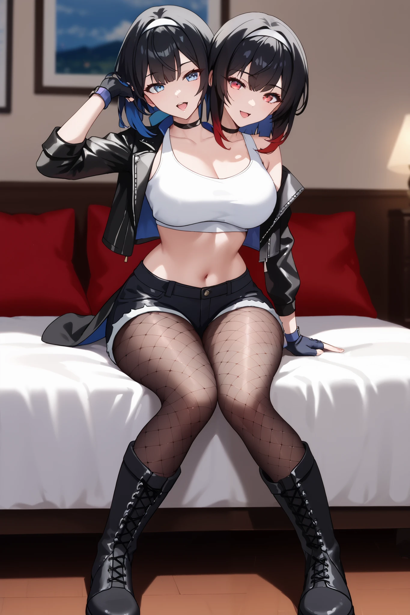 2heads, a tall thin woman with 2 heads, black and red gradient hair, black and blue gradient hair, red eyes, blue eyes, black footwear, black gloves, black hair, leather jacket, black jacket, crop top, black fingerless gloves, black dolphin shorts, black fishnet pantyhose, knee boots, She is inside a bedroom. sitting on bed, large breasts