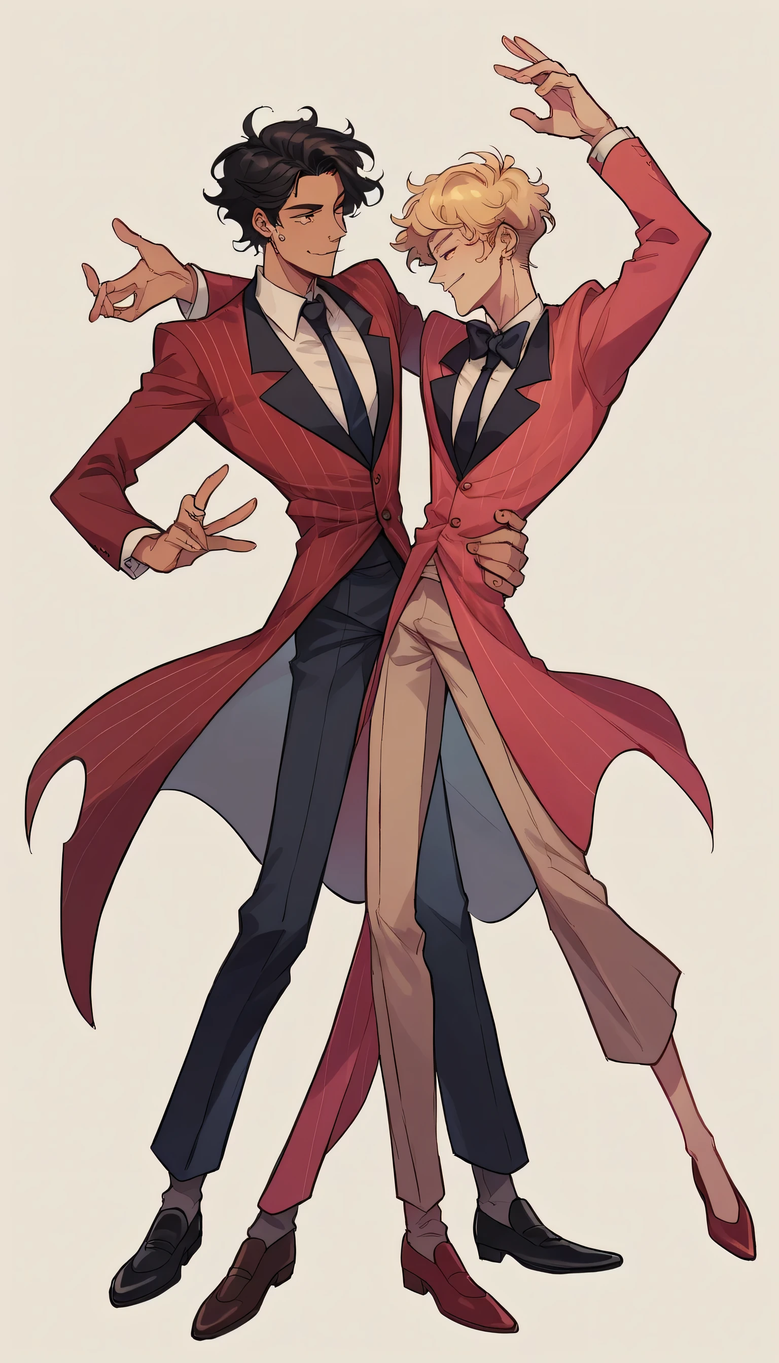 better quality, very detailed illustration ,two people, two boys, delgado, male body, thin waist , simple drawing, Artifyber style , pastel flat colors , suit and tie, fancy, tall thin human man, boy fluffy hair, dancing, full body