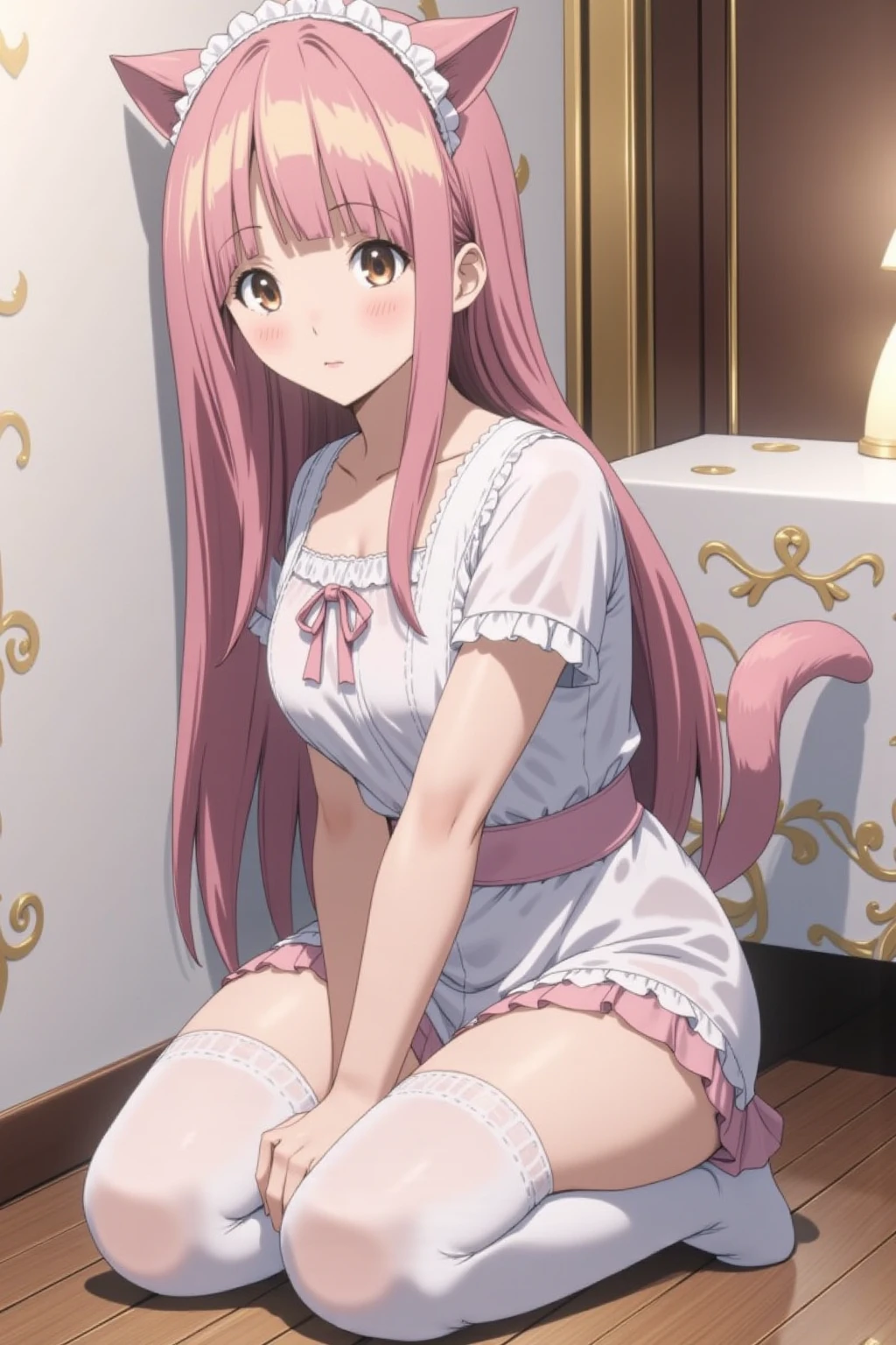 gotoh hitori, 1 girl, alone, long hair, looking at viewer, blush, blue eyes, big breasts, medium waist, medium hips, medium thighs, simple background, hair between eyes, room, bedroom, sitting on bed, mouth closed , pink hair, pink playboy bunny outfit, pink headband, bunny ears, black pantyhose, embarrassed, sexy pose, shy, one side up, hand on chest, cube hair ornament, perfect hands, perfect anatomy