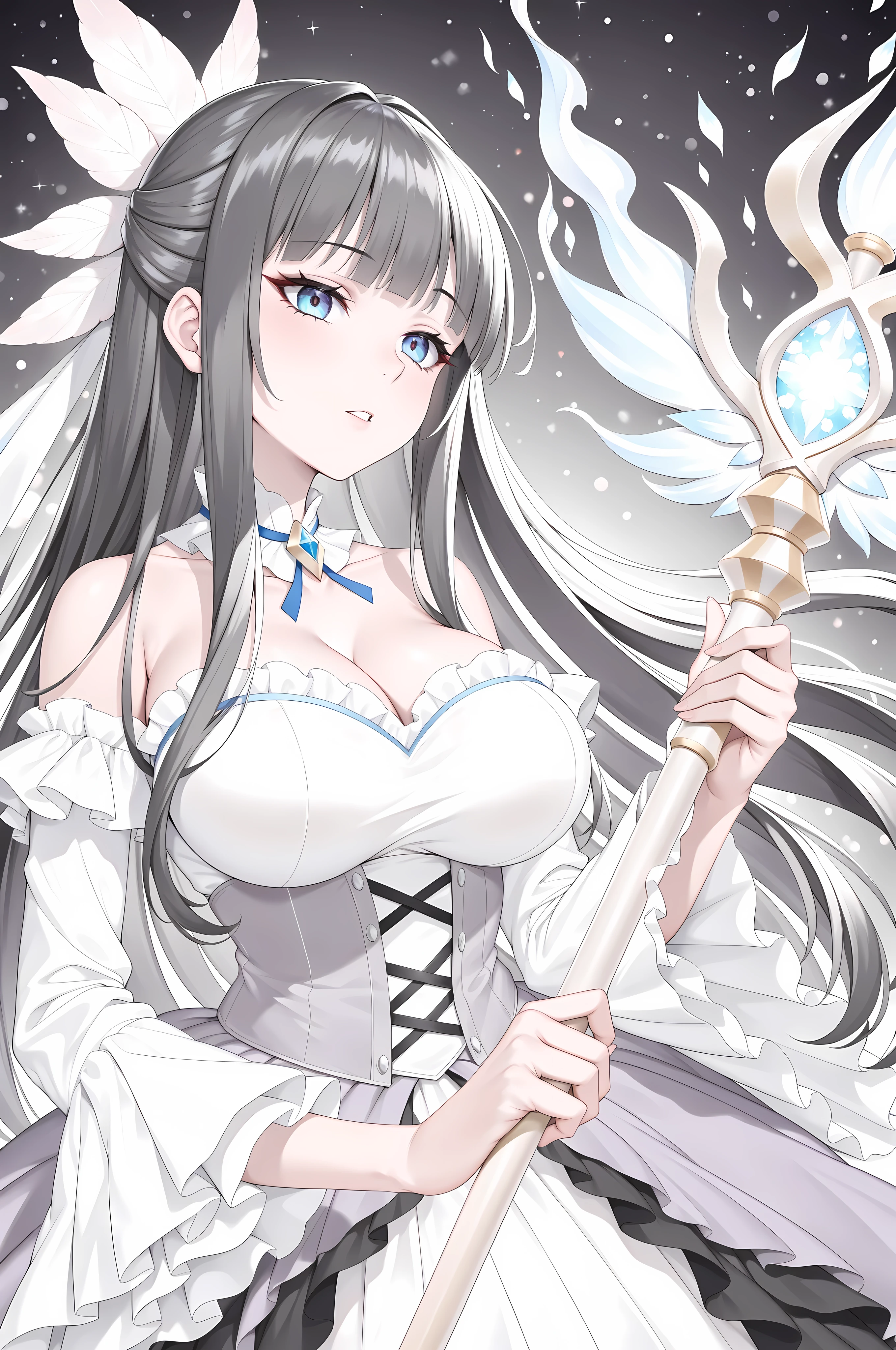 (masterpiece, best quality), safe, amazing quality, very aesthetic, absurdres, highres, newest, HDR, 8K, high detail RAW color art, large pupil, eyelashes, 1girl, solo, black hair, blue eyes, long hair, blunt bangs, parted lips, blue lipsick, half-closed eyes, looking at viewer, cleavage, frilled dress, holding staff, upper body, from below, light, sidelighting, dark background, dim, glowing purple flame, light particles, huge breasts