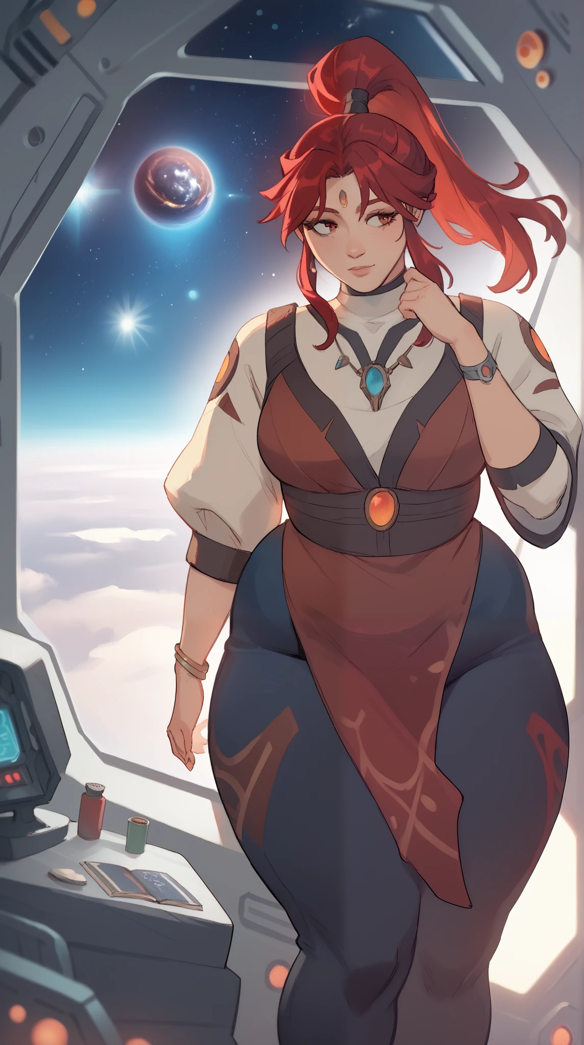 YrlietRT, 1girl, ponytail, red hair, window, galaxy, space, spacecraft, jewelry, chubby, curvy, wide hips, good bright lighting, amazing bright lighting, score 9, score 8 up, score 7 up, score 6 up, score 5 up, score 4 up, BREAK,