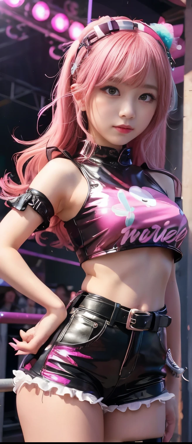 Fancy Idol Girl 、A pure girl's face、 hypo、fluorescent pink punk shirt(、latex tight shorts)、Gorgeous Belt 、、Glowing Punk Town