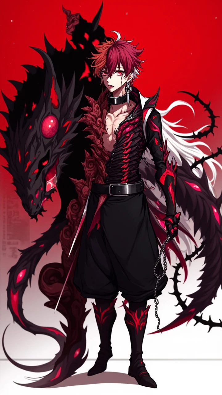boy, White hair, long straight hair, Eyes red, wild smile, sharped teeth, pointy ears, skin fair, long black coat, white  shirt, red pants, white sock, black tribal tattoos on arms, red face tattoo, high qualiy, 4K, anatomically correcte
