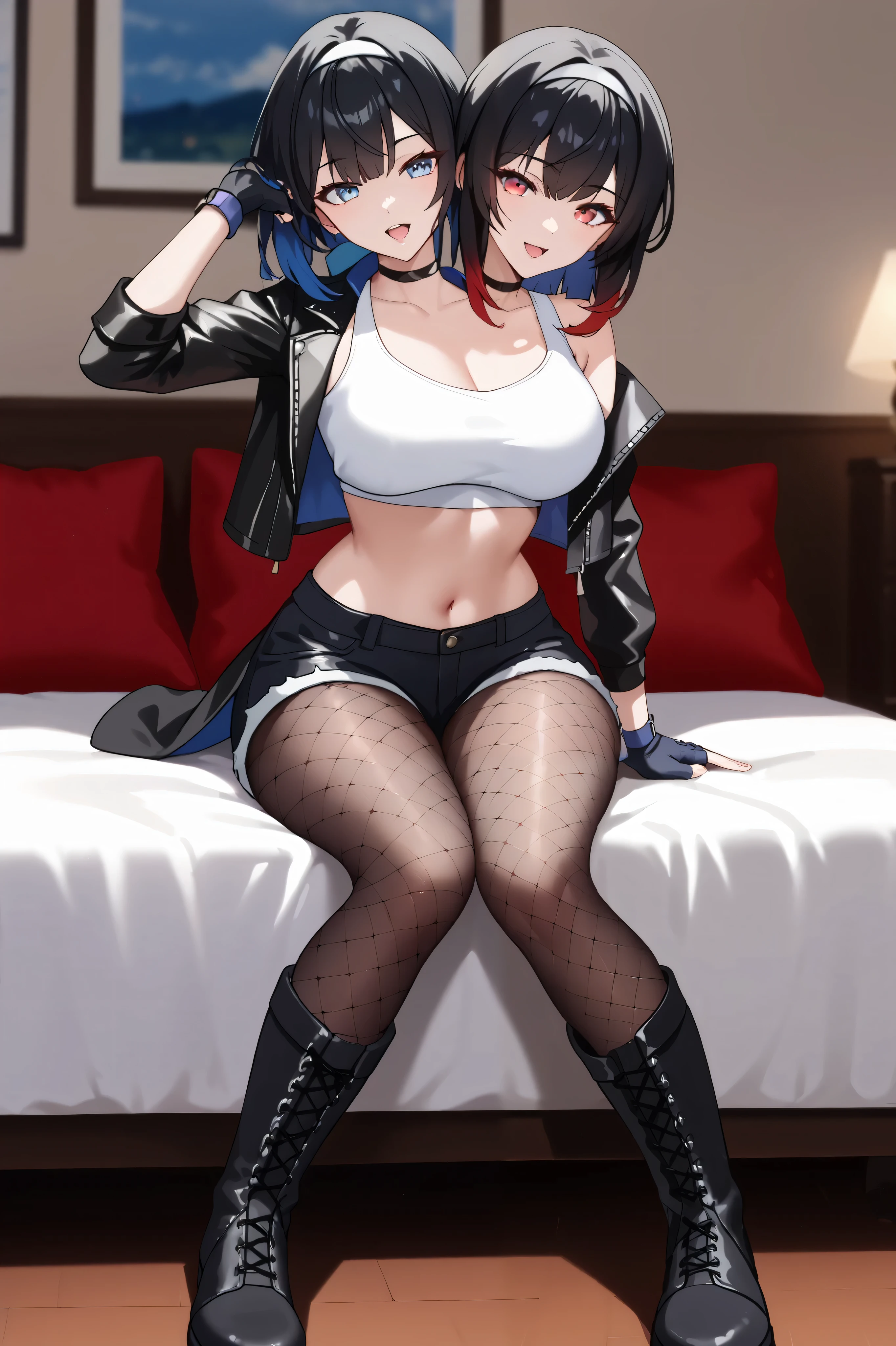 2heads, a tall thin woman with 2 heads, black and red gradient hair, black and blue gradient hair, red eyes, blue eyes, black footwear, black gloves, black hair, leather jacket, black jacket, crop top, black fingerless gloves, black dolphin shorts, black fishnet pantyhose, knee boots, She is inside a bedroom. sitting on bed, large breasts
