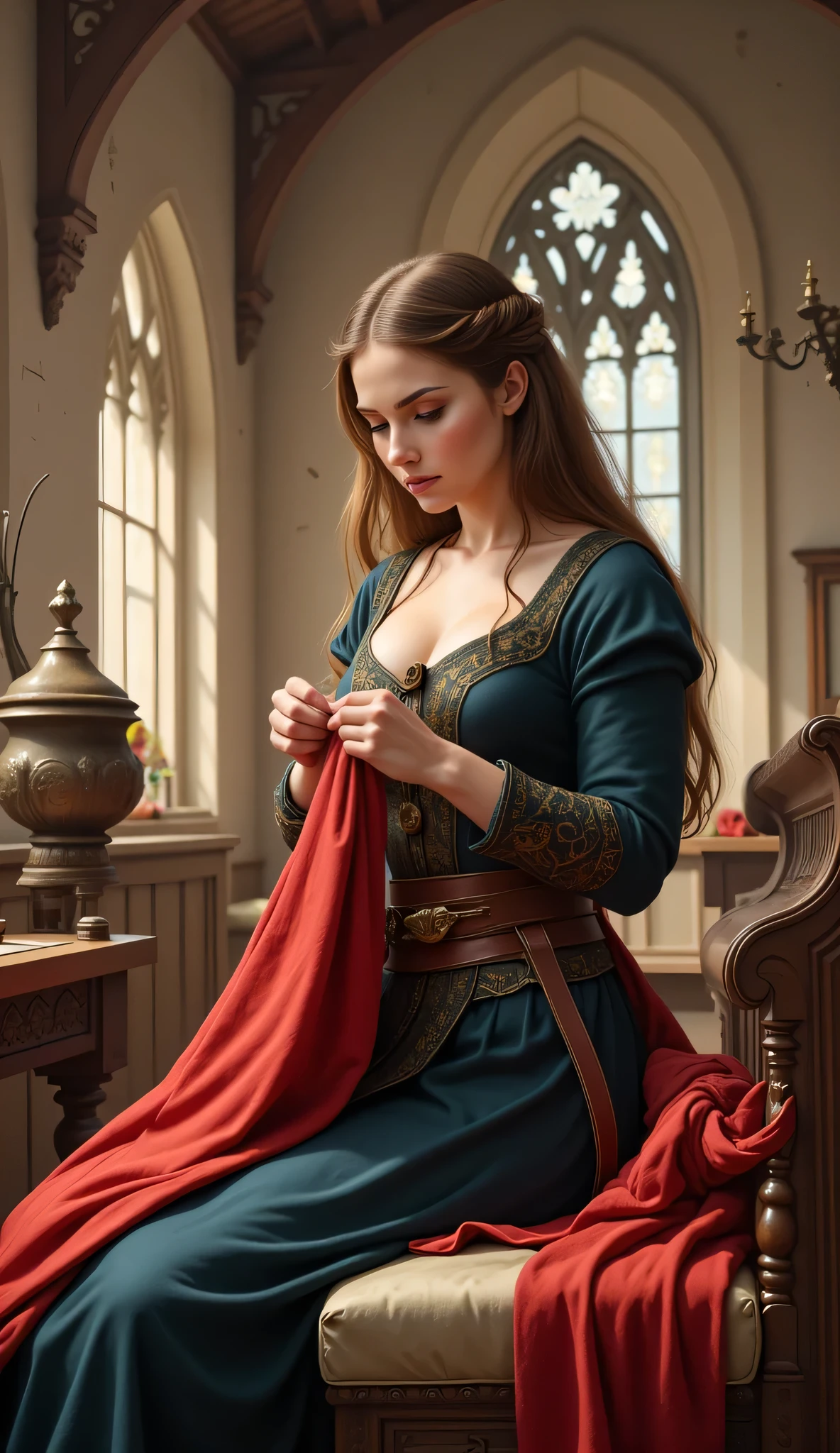 a painting of a woman knitting a piece of cloth in a church, renaissance digital painting, graphic artist magali villeneuve, medieval fantasy art, beautiful digital artwork, magali villeneuve', medieval art style, mary jane ansell, one of the weavers of destiny, medieval tailor, medieval fantasy illustration, detailed painting 4 k, 4k highly detailed digital art. arafed woman in a white dress sitting on a field with a basket of yarn, medieval fantasy art, beautiful tailor, one of the weavers of destiny, high medieval fantasy, inspired by Ruth Sanderson, high quality fantasy art, medieval fantasy art, hd fantasy art, michael cheval (unreal engine, vintage fantasy art, beautiful fantasy art, fantasy art, (Medieval era),(far distance angle), A hyper-realistic scenery image shot of a medieval beautifully female tailor knitting long blanket while holding on knitting kit, a tailor. The beautifully tailor is depicted in a full body angle view, showcasing her lively, lusciously vivacious, and shapely body. She is wearing a realistic medieval long dress, working while using intricately primitive traditionally knitting kit, knitting a blanket. The scene includes a well-rounded female tailor, using realistic intricately intricately knitting kit on the big table in the front of her, and smiling. The background features medieval textile factory with central leading lines, creating a sense of depth on ultra-wide angle scenery. The image has UHD ambience, with a zoomed-out perspective, realistic textures, soft lighting, and an ultra wide wide-angle. The female's hands are accurately detailed with full human finger anatomy, and her hair is shiny and lifelike. The overall style is reminiscent of Far Cry 5 game artwork, with additional details and body fixes applied. The combination of influenced of bronzePunkAi Artwork.