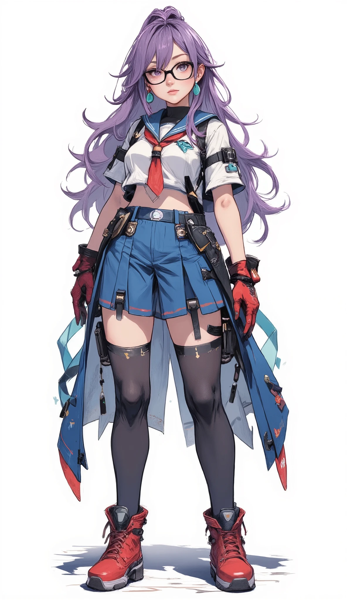 Composition from Head to Toe、full body view、( masterpiece, highly detailed, envelope, Clear focus, shadow, very high resolution, 8K, perfect anatomy, Perfect face, (detailed face), (Detailed eyes), a young anime woman with long purple hair tied in a high ponytail. Standing from head to toe, she wears fine-rimmed glasses and turquoise pendant earrings. Her outfit consists of a light blue sailor-style top with a red tie, which reveals her shoulders and part of her stomach. Underneath she wore a blue pleated skirt that ended above her thighs. Details that resembled thin chains or necklaces around her thighs. Her skin had a soft color, and there was a slight blush on her cheeks.
He Stands from head to toe. 、red gloves、stockings, red boots, white background