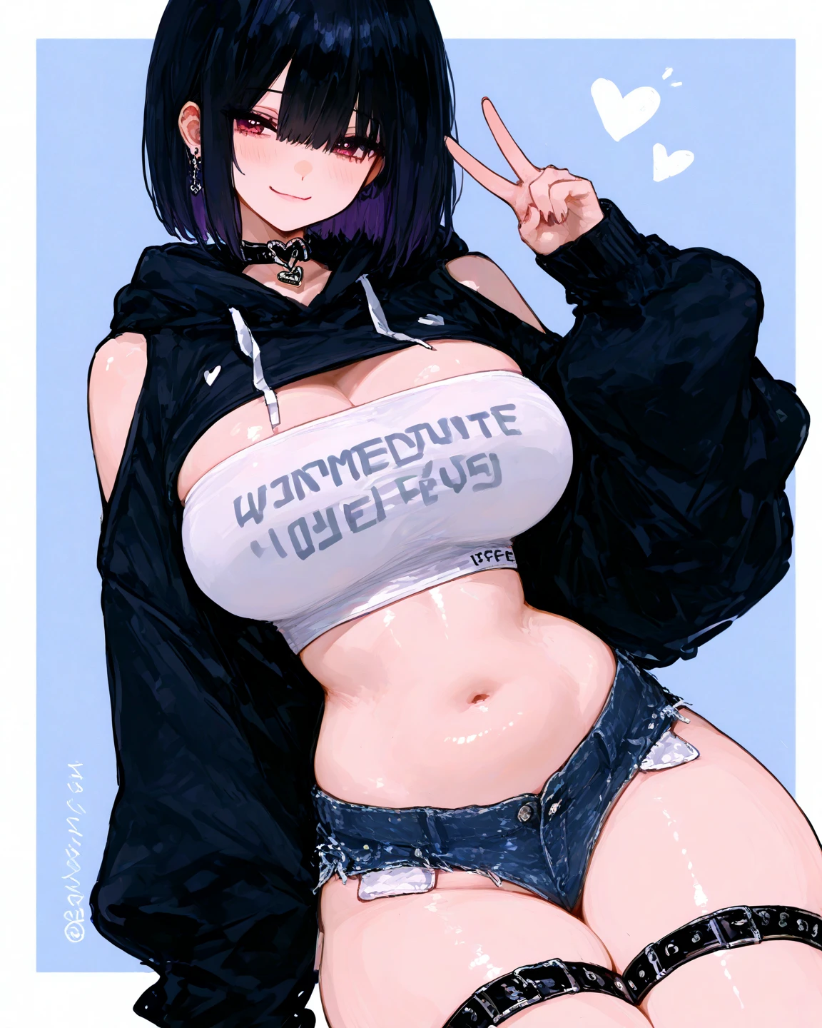 score_9, score_8_superior, score_7_superior, score_6_superior, a woman in anime costume holding with a peace sign, 1girl, breasts, solo, black hair, purple eyes, v, glasses, underboob, round eyewear, looking at viewer