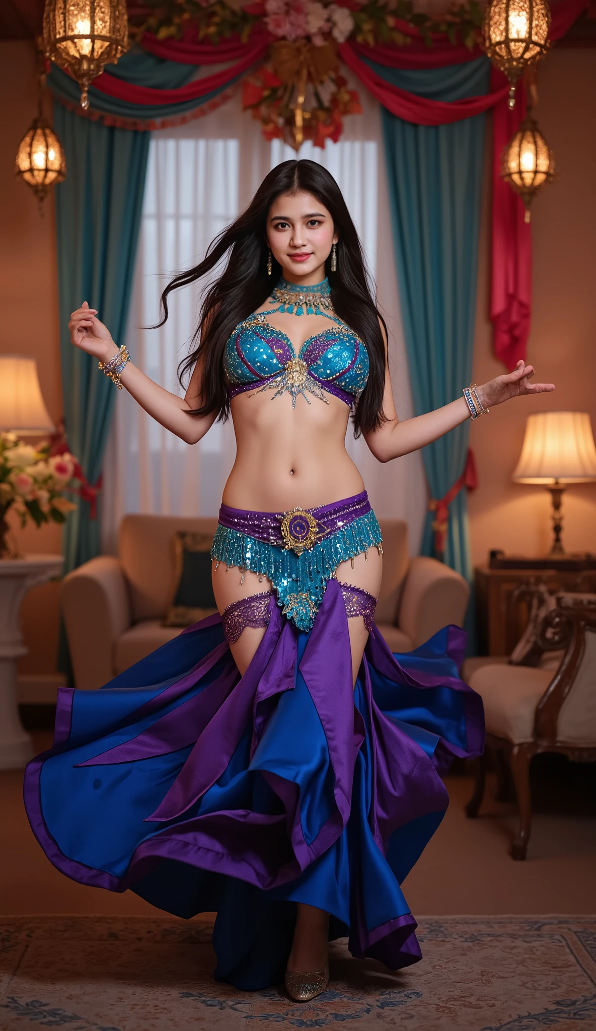 arafed woman in a blue dress standing in front of a curtain, costume with blue accents, belly dancing, high quality theatre costume, she is dressed as a belly dancer, beautiful costume, high quality costume, gracefully belly dancing pose, tai costume, aesthetic!!!!!! female genie, full body xianxia, jeweled costume, exotic costumes, belly, chinese costume