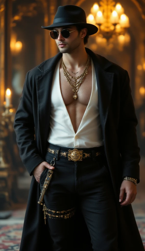 Diseño de personajes de Whole body, Principle, handsome , triangular face, clear skin, Middle Eastern factions ,He is wearing a black Sinole colored Middle Eastern vest, light abs, red baggy pants,big golden belt, black sword in its sheath, red phoenix eyes ,sharp look, Short eyelashes, short hair combed back copper red color, SERIOUS LOOK, Crossed arms, Whole body
