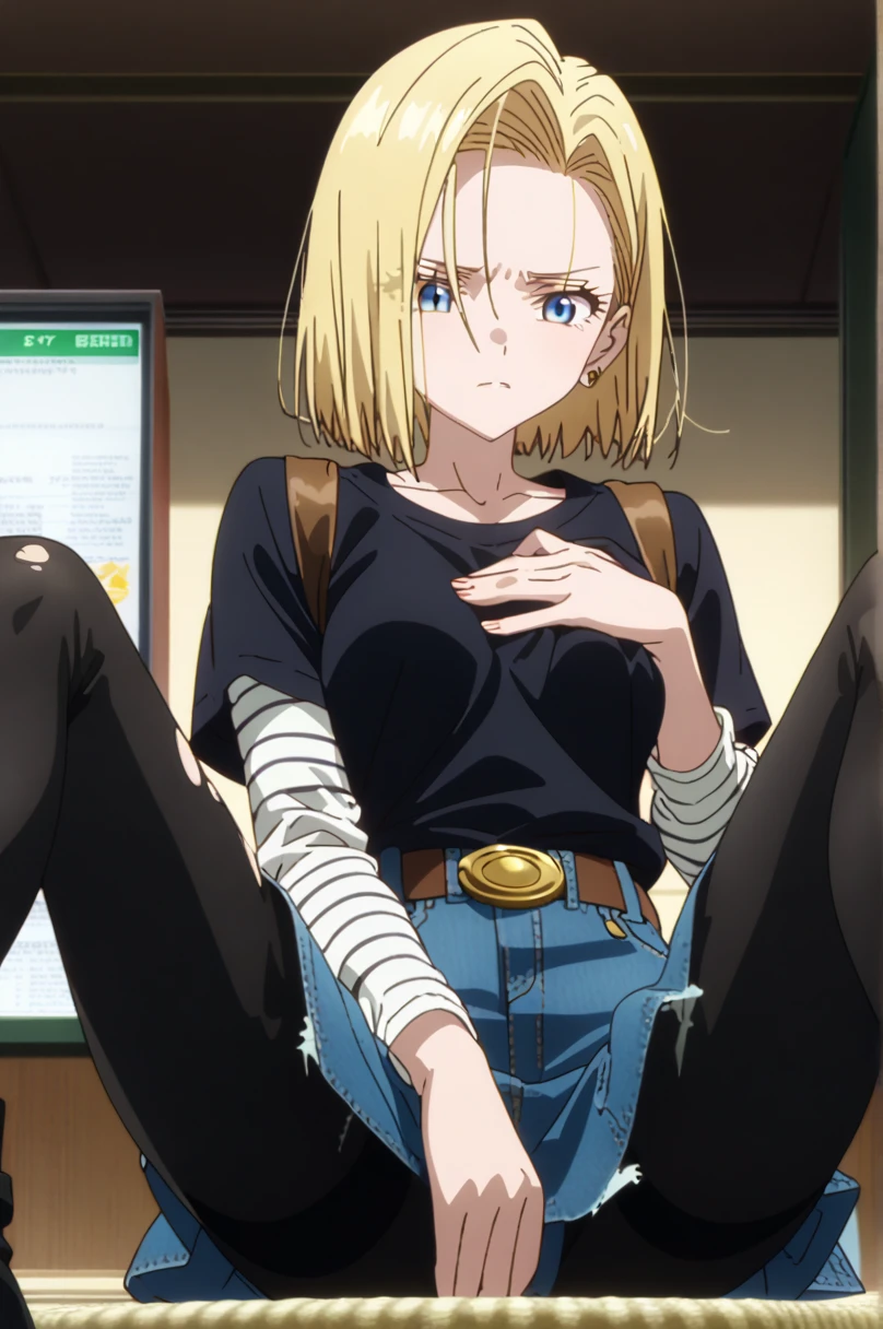 anime screen capture , high quality, official style , Android 18, short ...