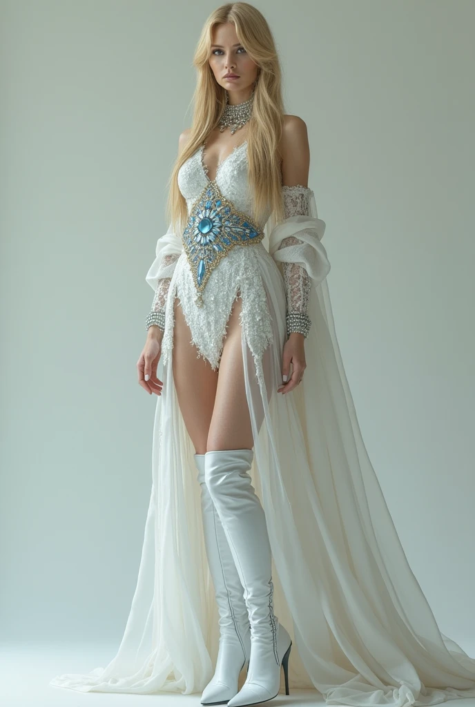 ((Full body photo, standing, feet on the floor))(((full body photo)))  high quality, 8k, hyper realistic, highly detailed, intricate, photorealistic, cinematic lighting, dramatic, 1 beautiful woman, blue eyes, long white hair, colorful ornate clothing, futuristic jewelry, dynamic pose, stunning, powerful, epic, cinematic, illustration, concept art
