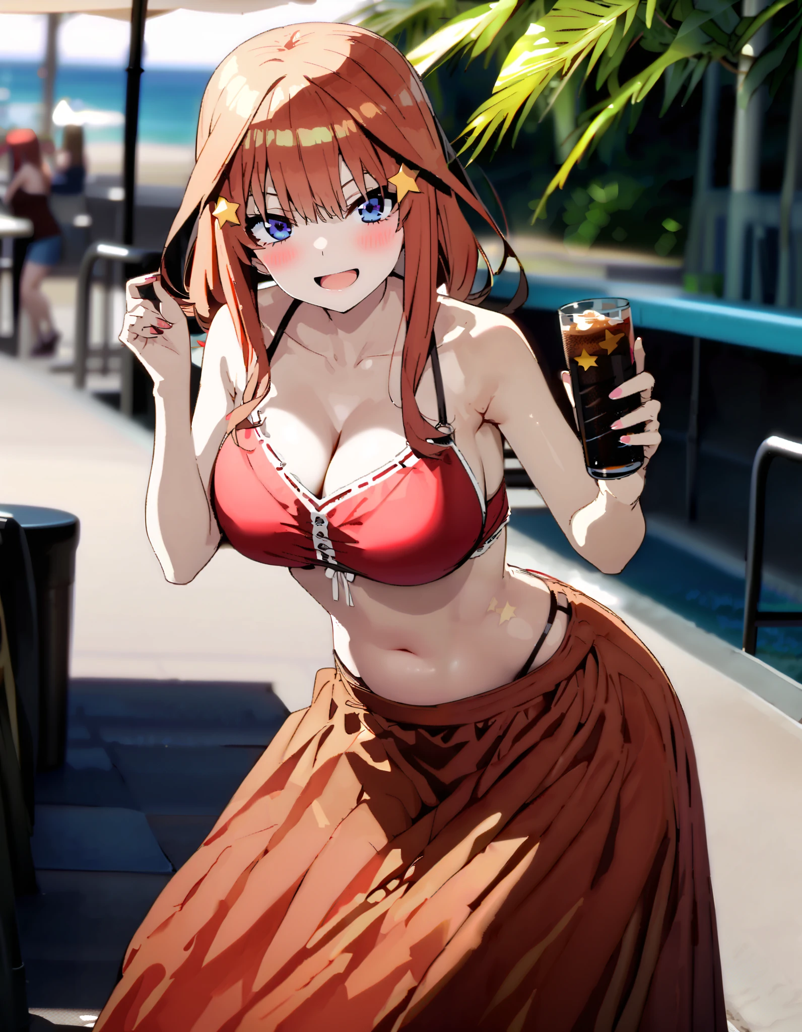Nakano Mizuki , stupid hair, long hair, blue eyes, hair ornament, Red Hair, glass, star ( symbol ), star hair ornament,Big Breasts, cleavage,smile,blush, open their mouths,Red string bikini swimsuit,I'm wearing a red long skirt around my waist,Bare legs, belly button out, tan, brown skin,whole bodyがイラストに入るように, break looking at viewer,whole body,
break outdoors, beach ,
break (masterpiece:1.2), top quality, high resolution, unity 8k 壁紙 , (shape:0.8), ( attention to beautiful details :1.6), highly detailed faces at a pachinko parlor, perfect lighting, Highly detailed CG, ( perfect hand, perfect anatomy ),