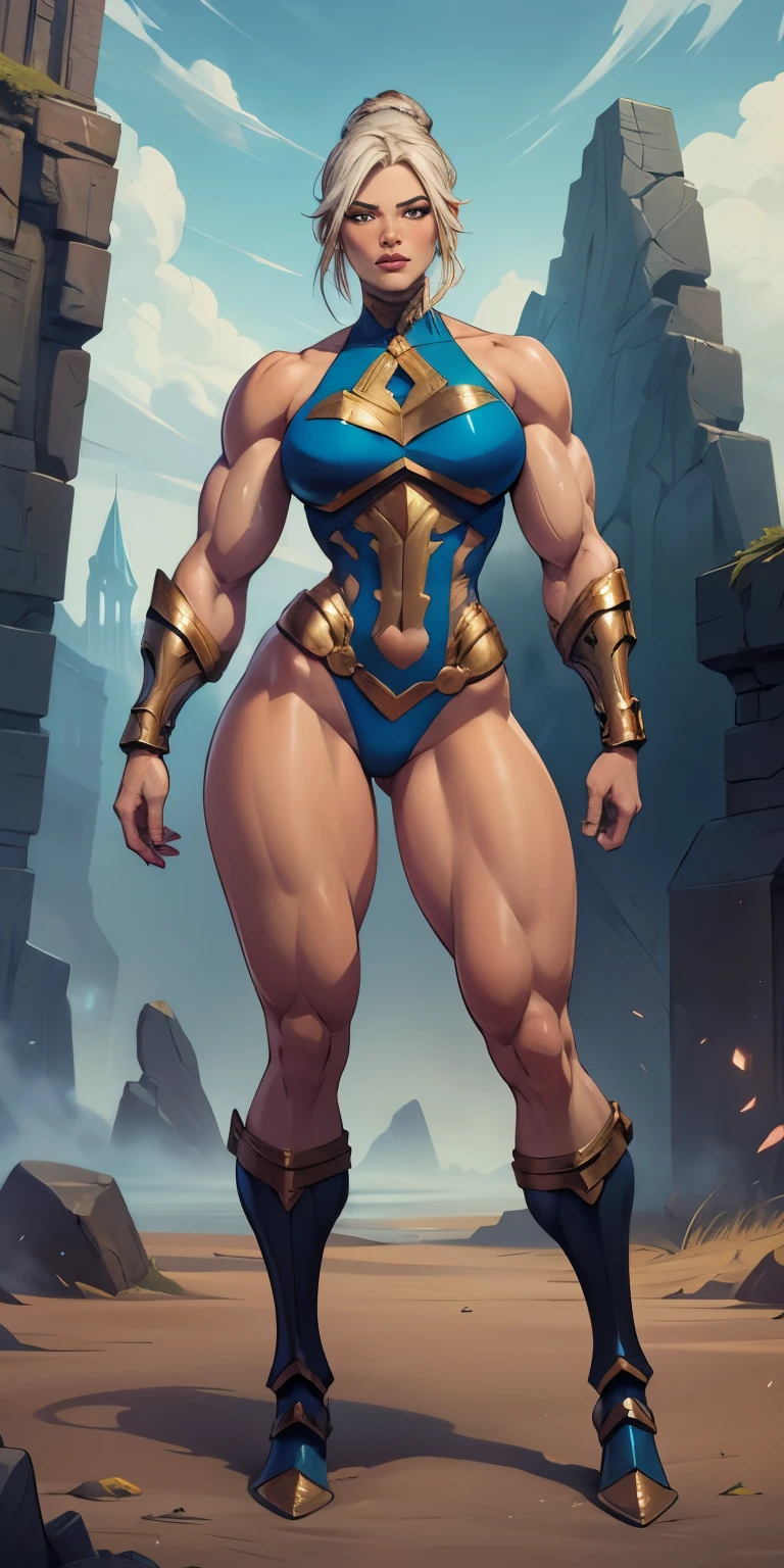 Best quality, high resolution, (Masterpiece:1), Beautiful (Marvel comics) impractical armor, 1woman, Tiny chest thin waist, Wide trapezoidal hips, gold cosplay, Superia, Detailed face, Defiant expression, Heavy boots, diadem, Beautiful and strong, Full body shot, Volumetric lighting, (blank background, Bold colors, gray background), final fantasy