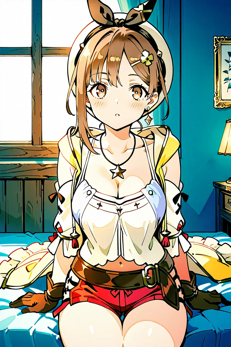 ((masterpiece)), ((best quality)), (ultra-detailed), anime style, on the bed, a cute girl, 1girl, solo, ((beautiful eyes)), smile, kimono, japanese cloth, ((open chest)), ((cute nipples)), small breast