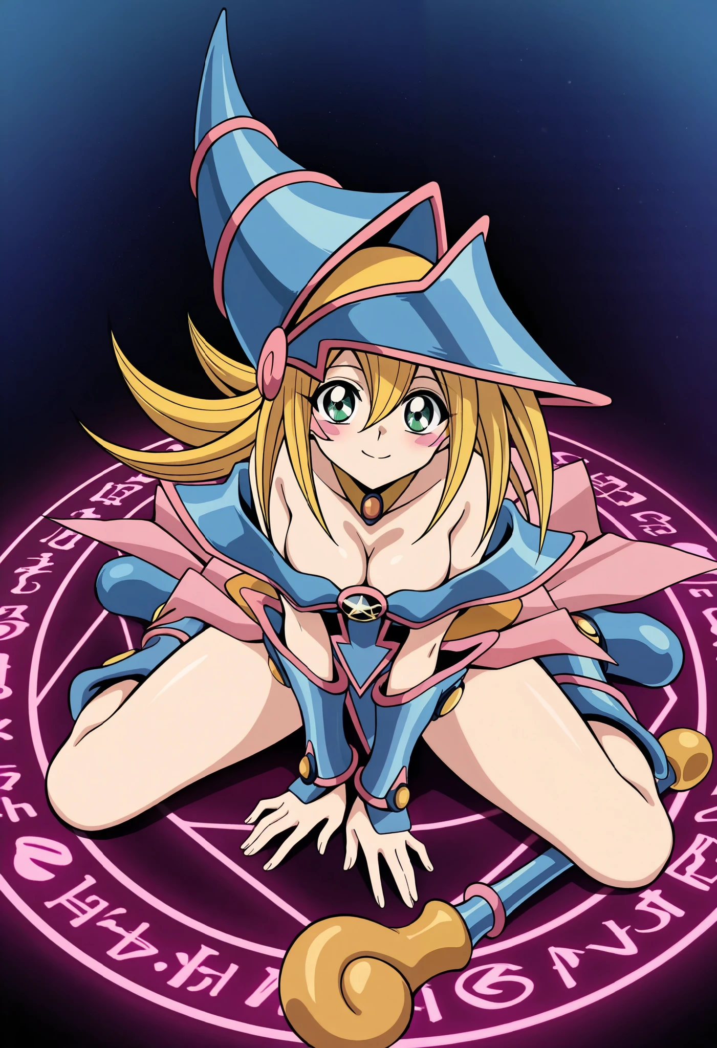 Black Magician Girl,smile,wariza,bottom-up,Estrus season,Female face,Medium breasts,blonde hair,pink magic circle,8K, 4k, highest quality, High resolution: 1.2),cute anime face、Pink blush on cheeks、noise removal、Leotard that bites into,(1 cane),have a cane、Hold your cane、