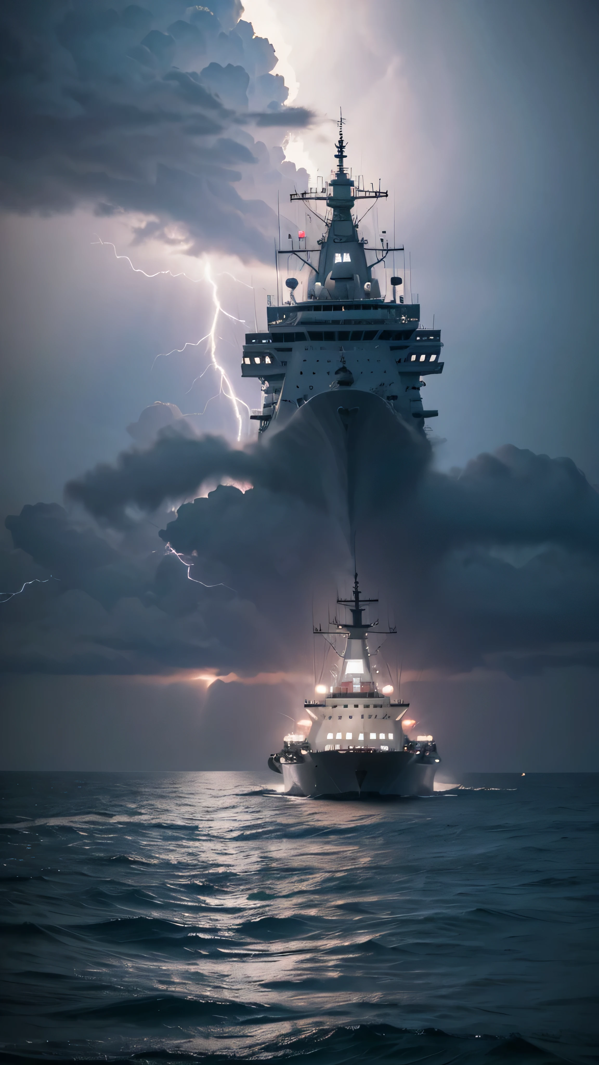  in high definition,Battleship、 Arley Burke class Aegis destroyer、 Clear Skies and Endless Sea  ,  waves are 10 meters high ,  Full Moon in the Sky ,  Aegis ship in the middle  ,  Aegis was struck by lightning ,Lightning attack、 Unreal Engine ,  Cinematic Lighting,  super high resolution, Aegis vs. Lightning 。1 image。
