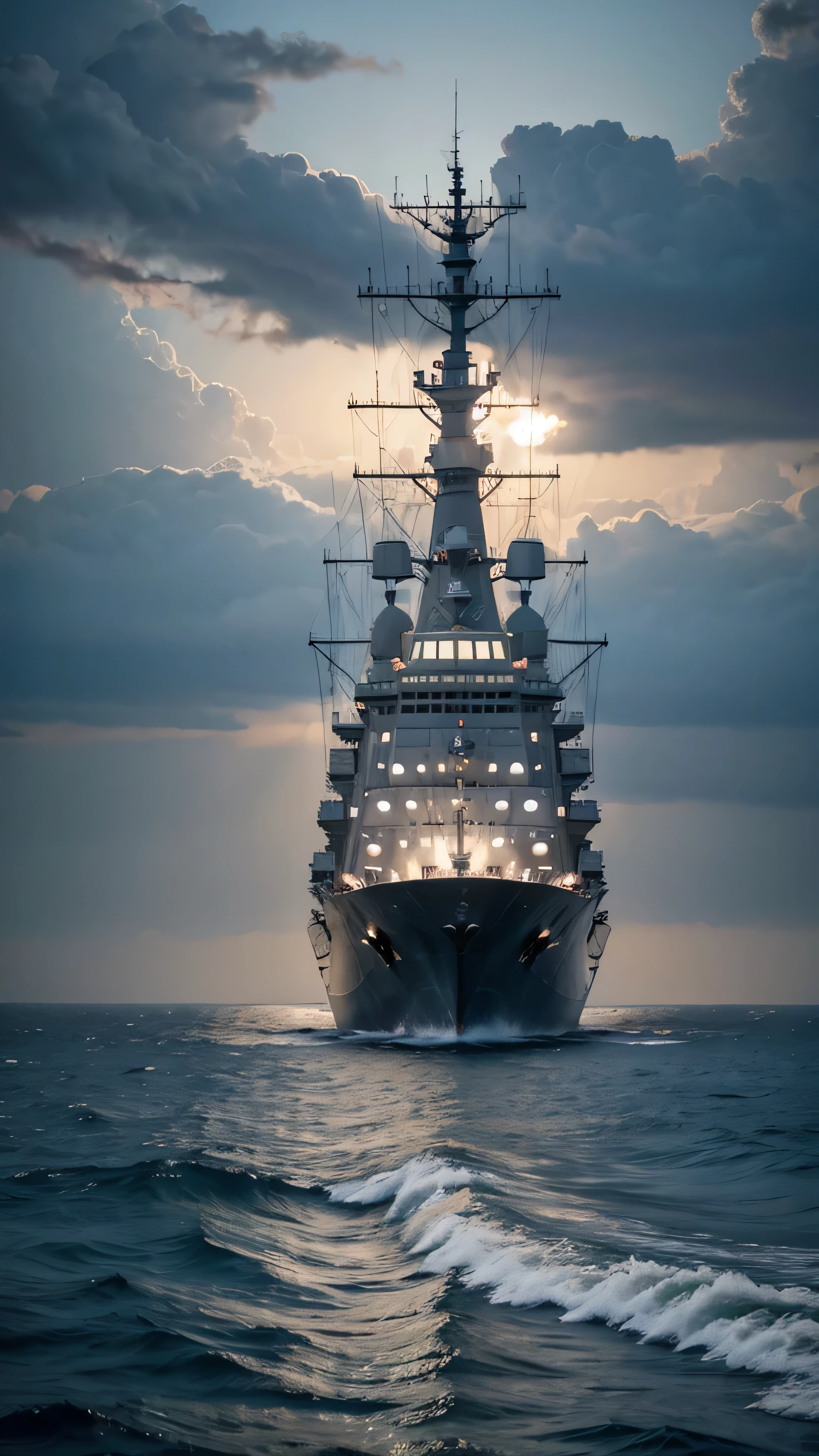  in high definition,Battleship、 Arley Burke class Aegis destroyer、 Clear Skies and Endless Sea  ,  waves are 10 meters high ,  Full Moon in the Sky ,  Aegis ship in the middle  ,  Aegis was struck by lightning ,Lightning attack、 Unreal Engine ,  Cinematic Lighting,  super high resolution, Aegis vs. Lightning 。1 image。