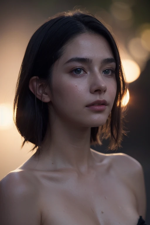 Night scene, close-up photo of Galadriel, small , bathing near the waterfall, body soaked in water, lean cheeks, (sharp ears:1.2), wet hair, chin up, face, no bra, stones, pure water, cleavage show, water on the body, realistic pores on the body, look up at the sky and smile, black ponytail hair, (blue eyes: 0.8), beautiful adult face, 20 yo, soft volumetric lights, (backlit: 1.3), (cinematic: 1.3), intricate details, (ArtStation: 1.2)