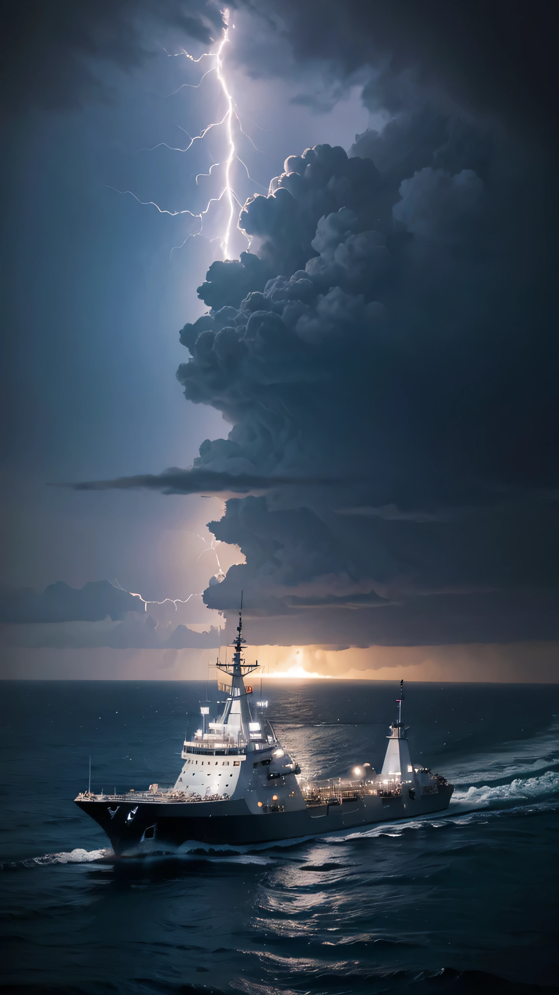 in high definition,Battleship、 Arley Burke class Aegis destroyer、 Clear Skies and Endless Sea , waves are 10 meters high , Full Moon in the Sky , Aegis ship in the middle , Aegis was struck by lightning ,Lightning attack、 Unreal Engine , Cinematic Lighting, super high resolution, Aegis vs. Lightning 。1 image。