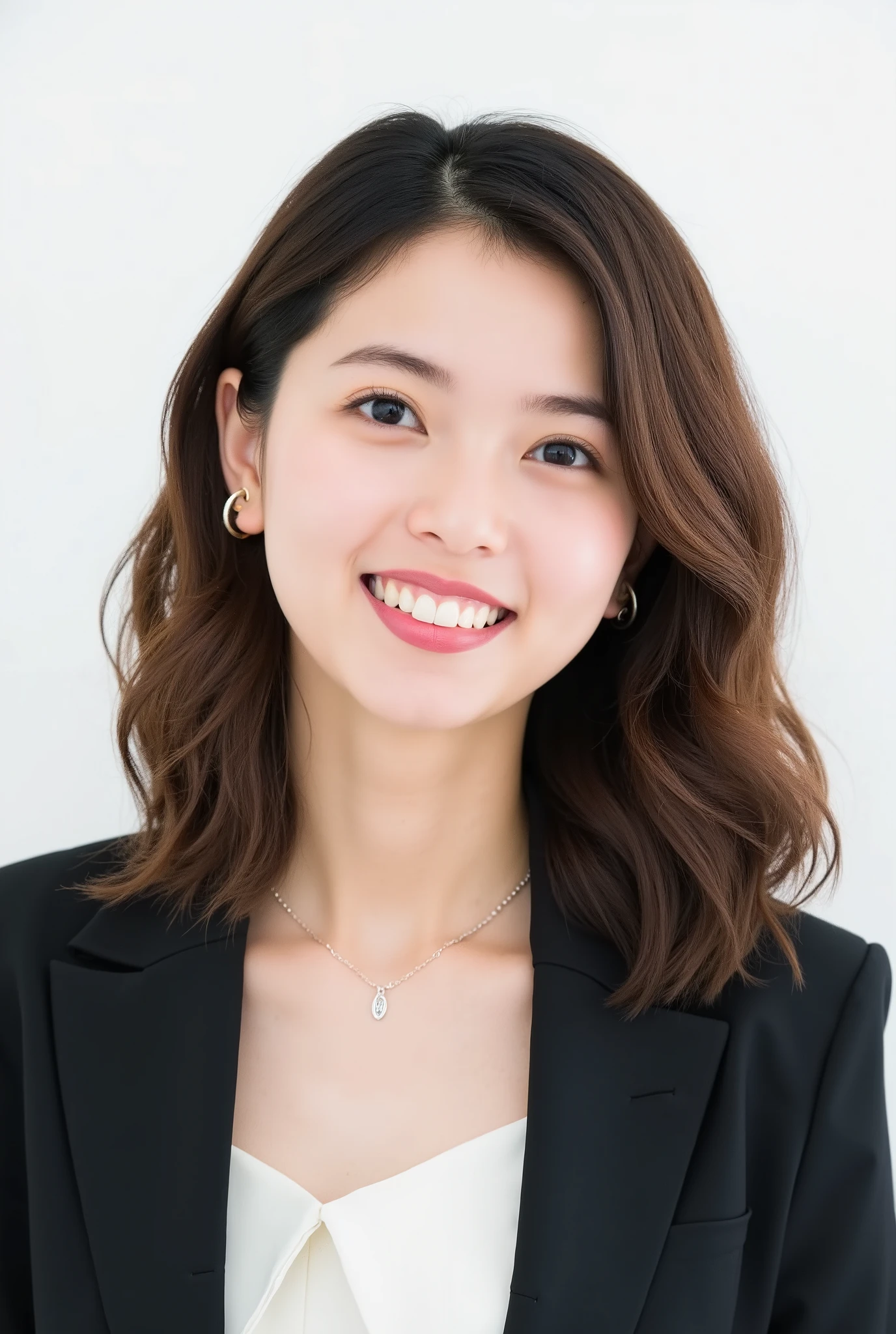 Beautiful Japanese Woman 、、 She is wearing an office lady suit、濃いeyeshadow 、Hairstyle: Medium long、wavy hair 、 Light Brown Hair 、ear piercing、 smile showing teeth、 necklace、 white backgr