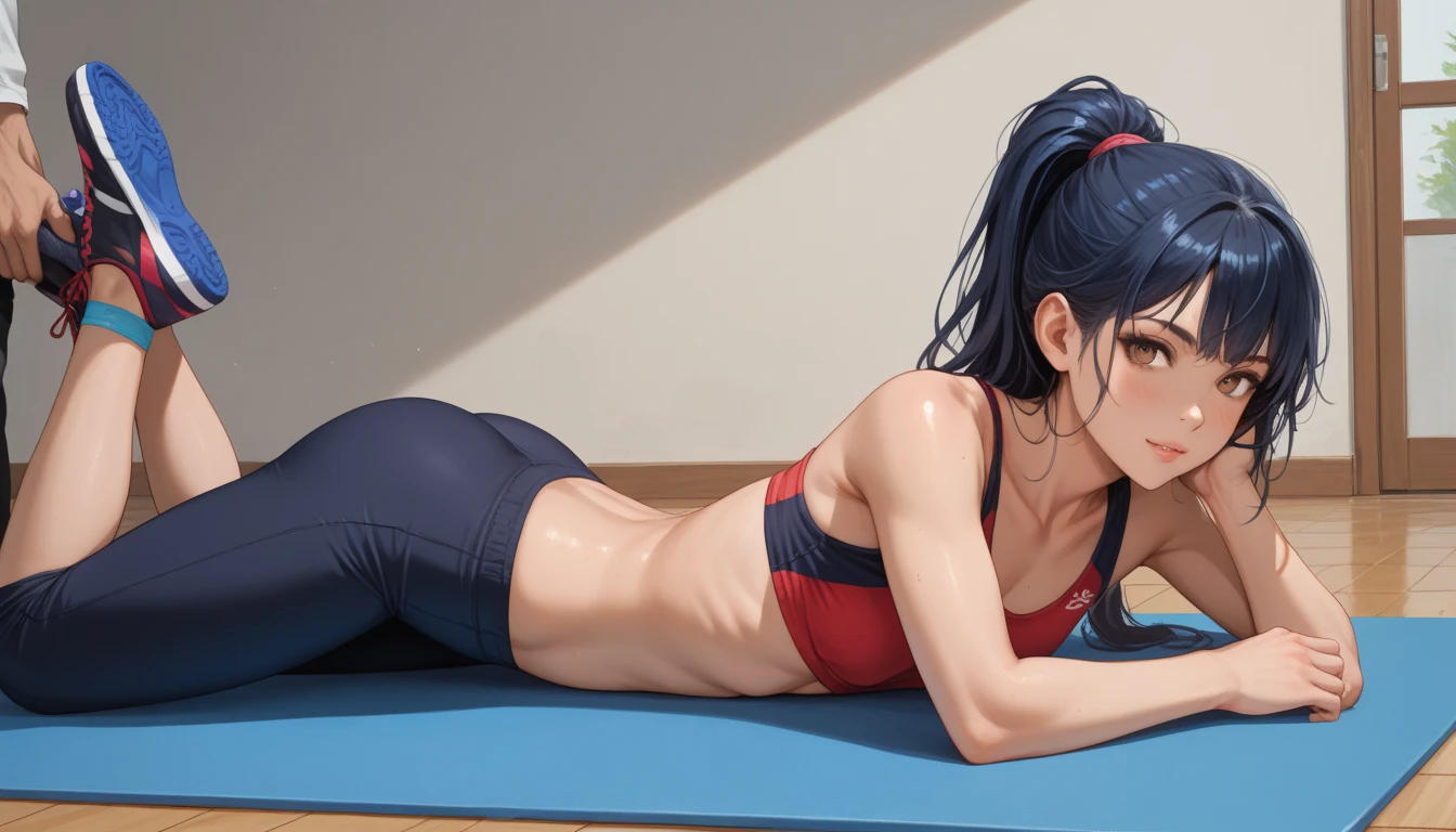 ((best quality)), ((masterpiece)), (detail), Produces clear images of anime characters in sportswear, in a dynamic sports environment, actively engaged in sports training. This character, with her striking black hair and soft blue eyes, large breasts, and six pack abs should display defined muscle contours and athletic prowess. Capture the essence of specific gym workouts to show the character's dedication to fitness. Make sure the clothing accentuates your physique and the intensity of your workout. high resolution, ultrasharp, 8K, masterpiece, looking at viewer