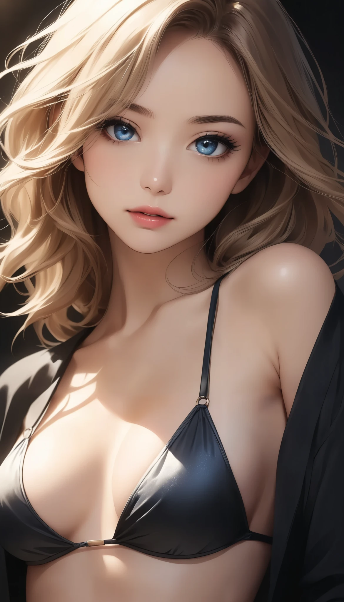 (Photorealistic:1.4), (Masterpiece, Side Light, Fine Beautiful Eyes: 1.2), Masterpiece*Portrait, Realistic, 3D Face, Glistening eyes, Glossy hair, Glossy skin, Alone, Embarrassing, (epigastric), blonde hair, hide breast with towel