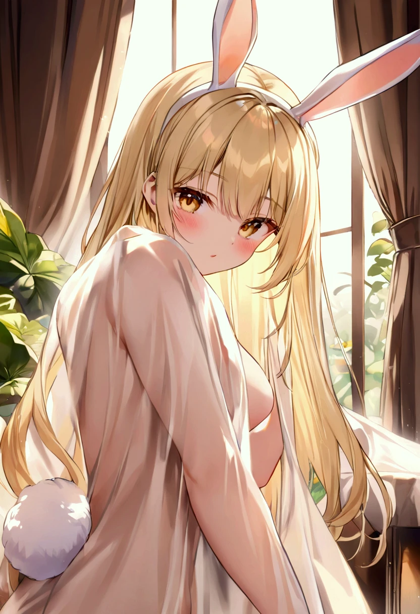 ((Best anatomy)1girl, long golden hair,green eyes, dog floppy ears, in black stockings, sitting on bed, in underwear, slender body. Holding smartphone, looking at smartphone, perfect eyes, perfect quality, back to camera, yellow bed, nude, Liying